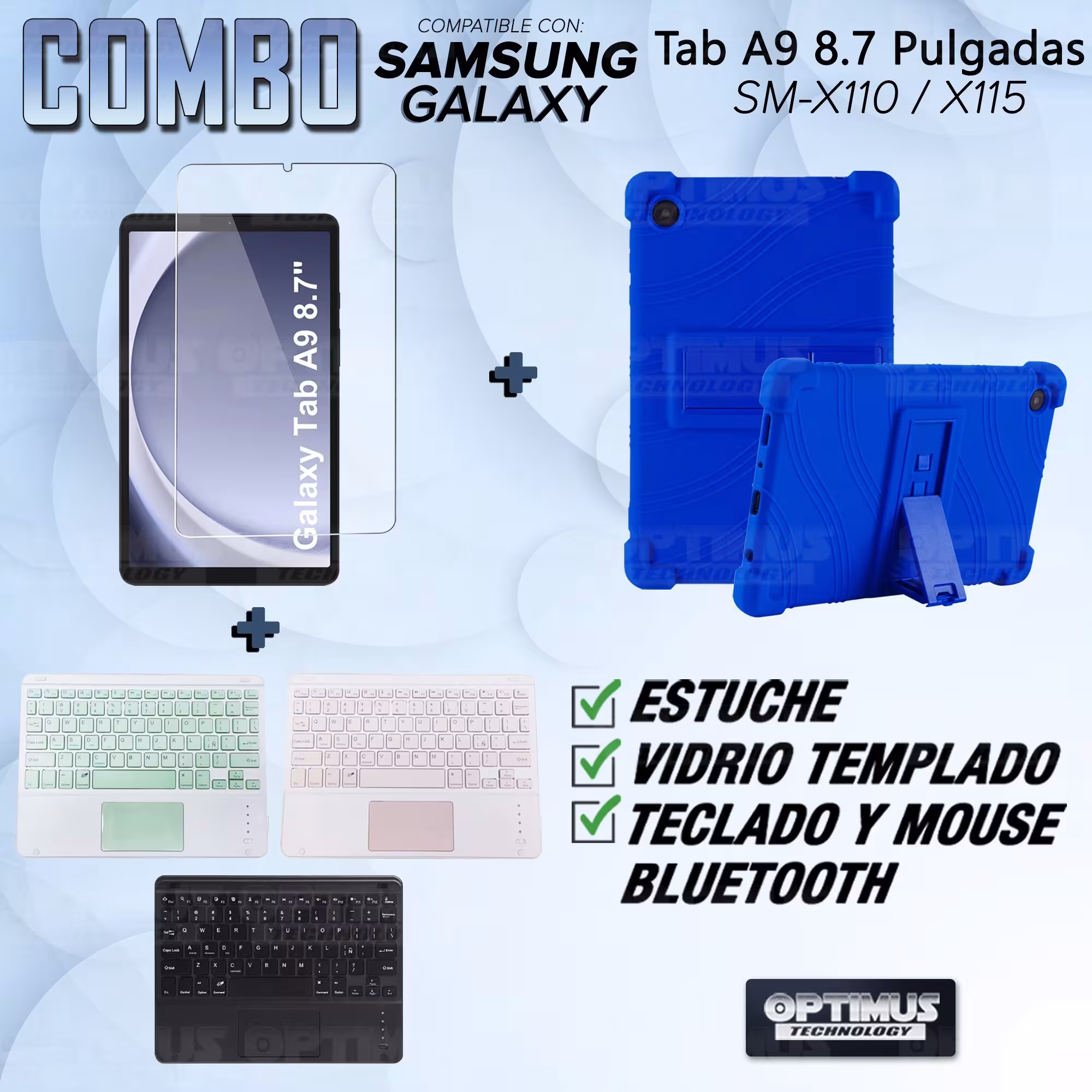 Kit Vidrio templado + Estuche Protector + Teclado Touchpad Bluetooth Tablet Samsung Galaxy Tab A9 8.7 Pulgadas SM-X110 / X115