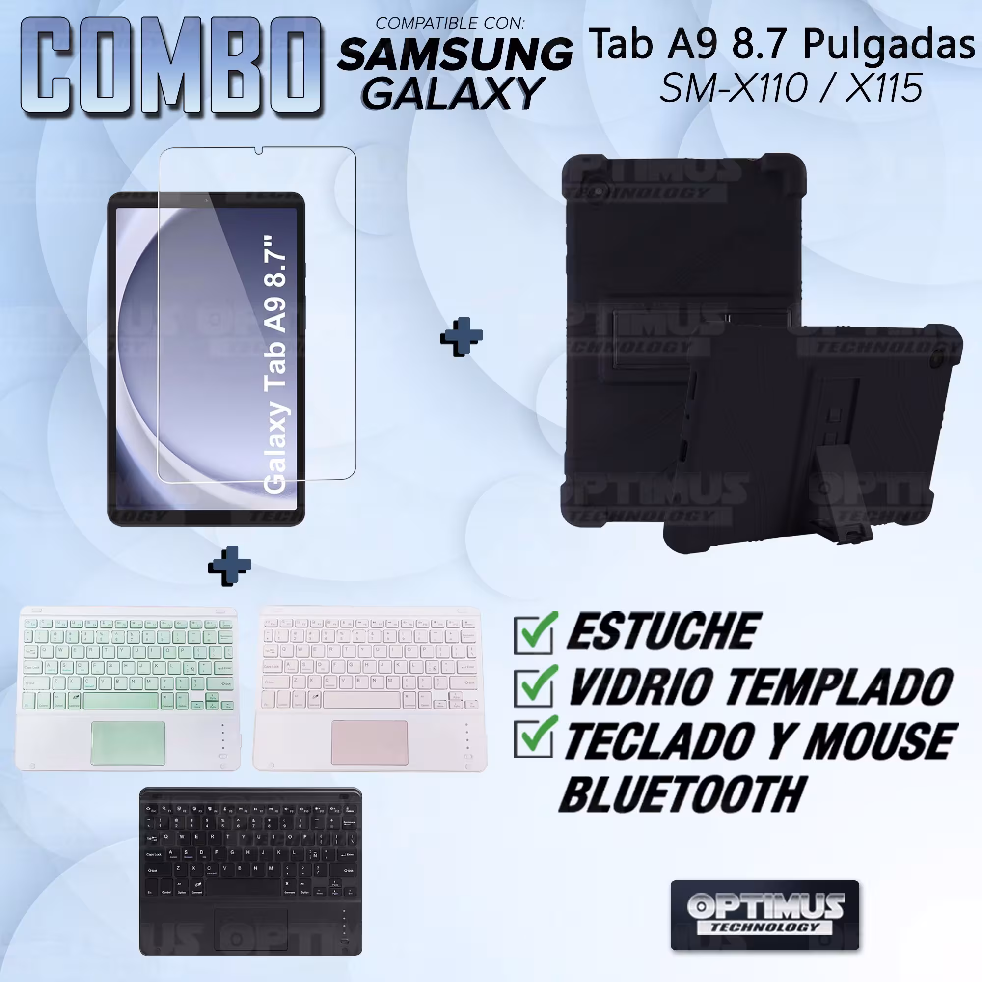 Kit Vidrio templado + Estuche Protector + Teclado Touchpad Bluetooth Tablet Samsung Galaxy Tab A9 8.7 Pulgadas SM-X110 / X115