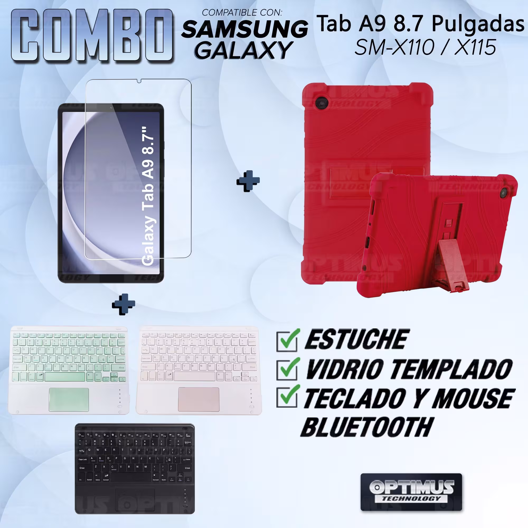 Kit Vidrio templado + Estuche Protector + Teclado Touchpad Bluetooth Tablet Samsung Galaxy Tab A9 8.7 Pulgadas SM-X110 / X115