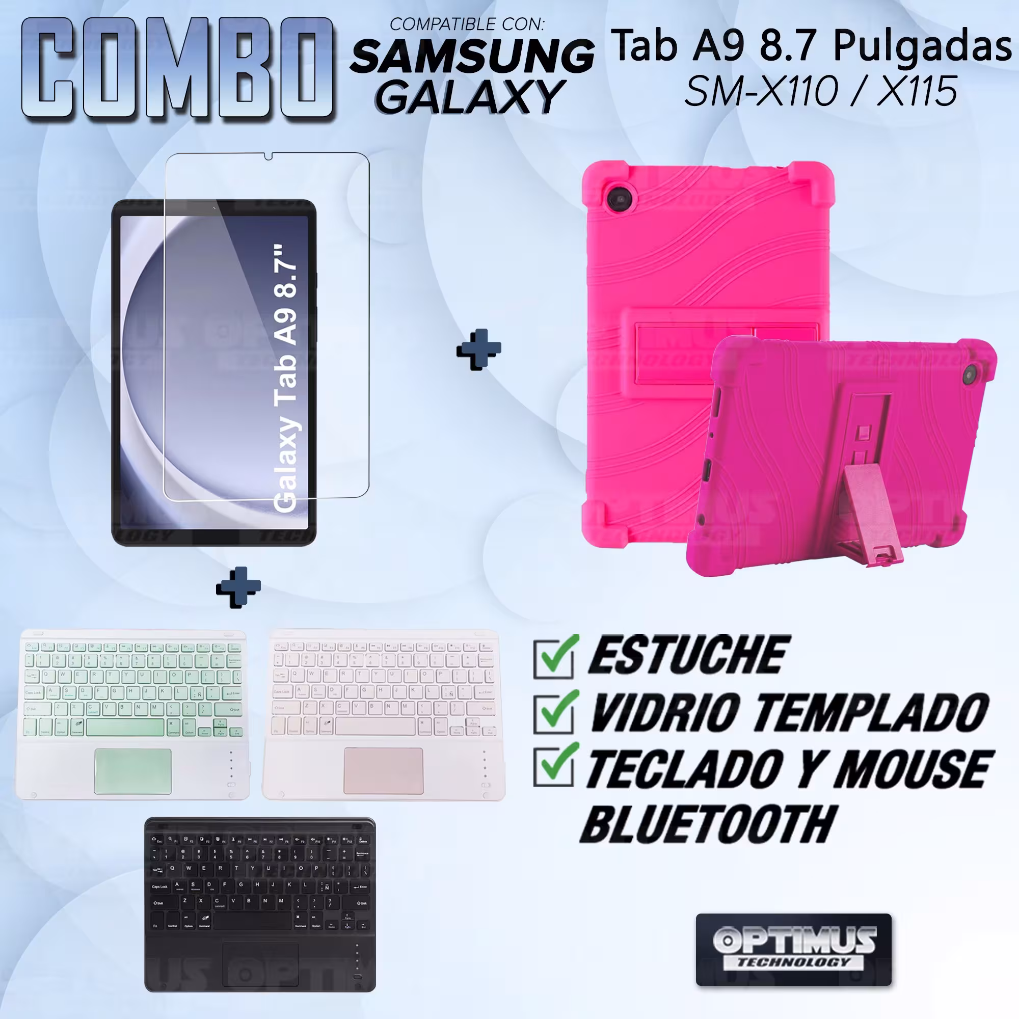 Kit Vidrio templado + Estuche Protector + Teclado Touchpad Bluetooth Tablet Samsung Galaxy Tab A9 8.7 Pulgadas SM-X110 / X115