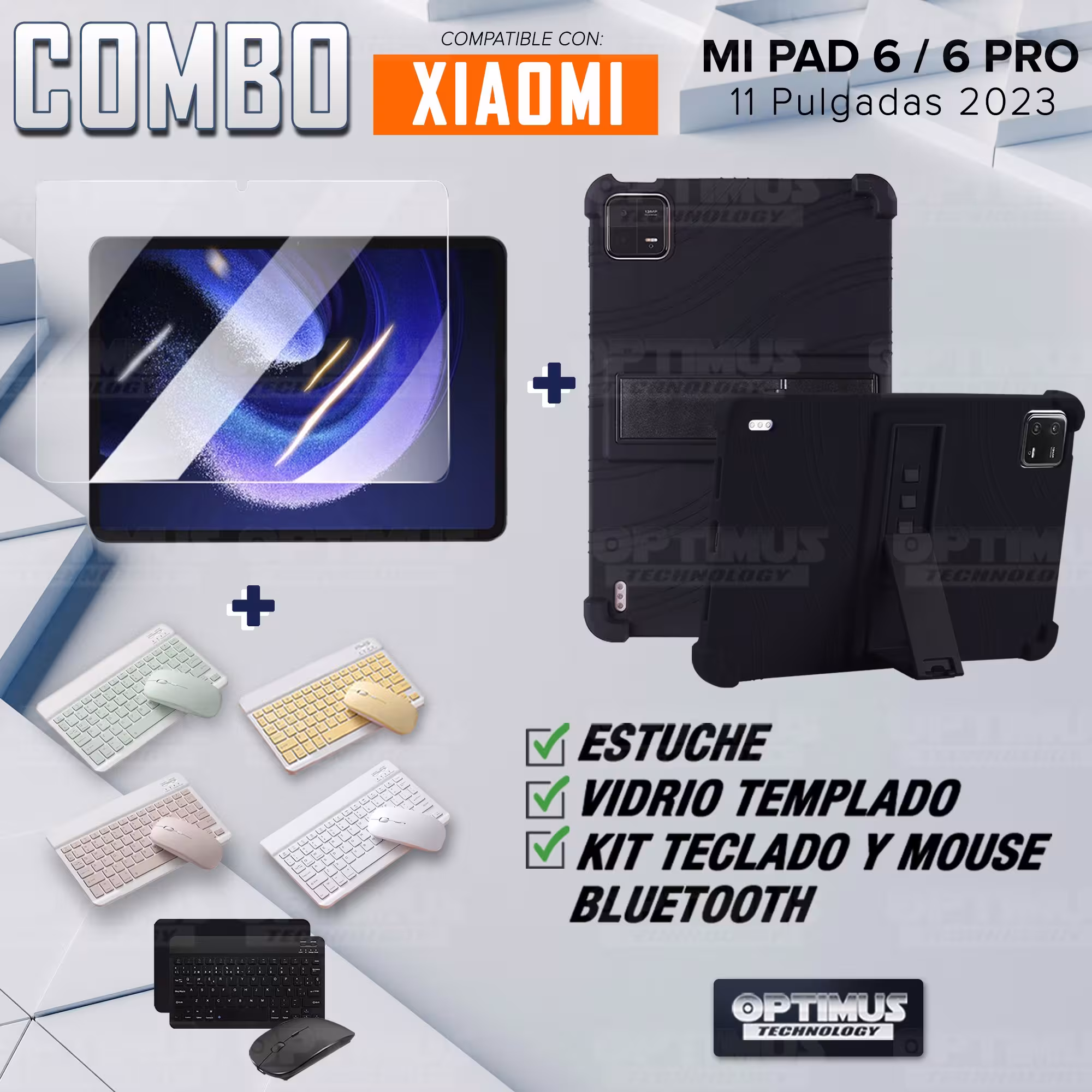 Kit Vidrio templado + Estuche Protector Goma + Teclado Bluetooth Tablet Xiaomi Mi Pad 6 / Mi Pad 6 Pro 2023 11 Pulgadas