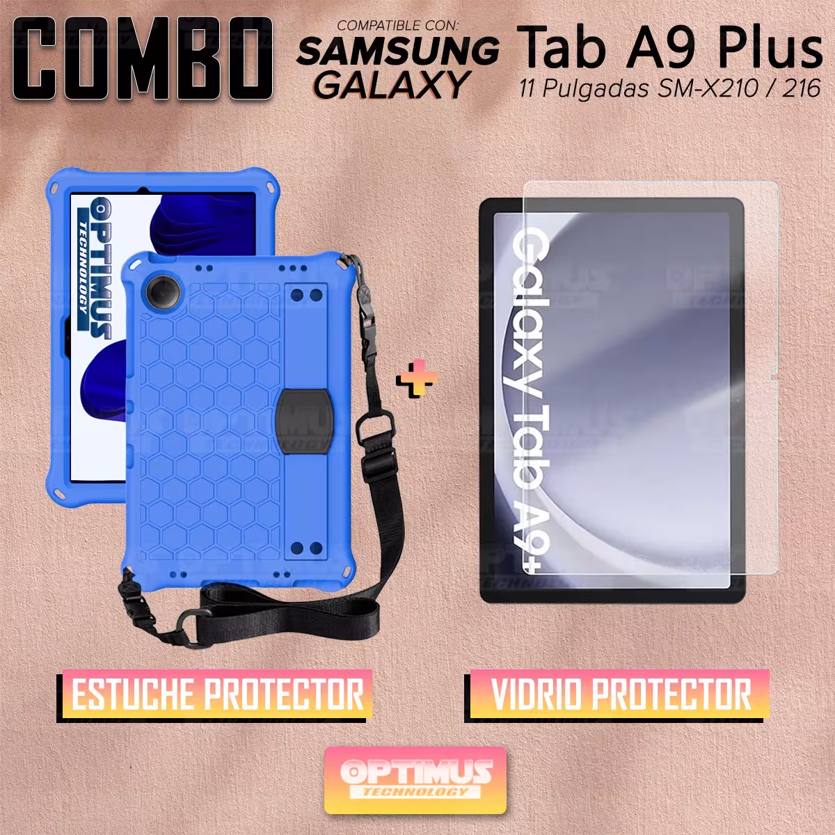 Kit Vidrio Cristal Templado Y Estuche Protector Anti golpes Correa para Tablet Samsung Galaxy Tab A9 Plus 11 Pulgadas SM-X210