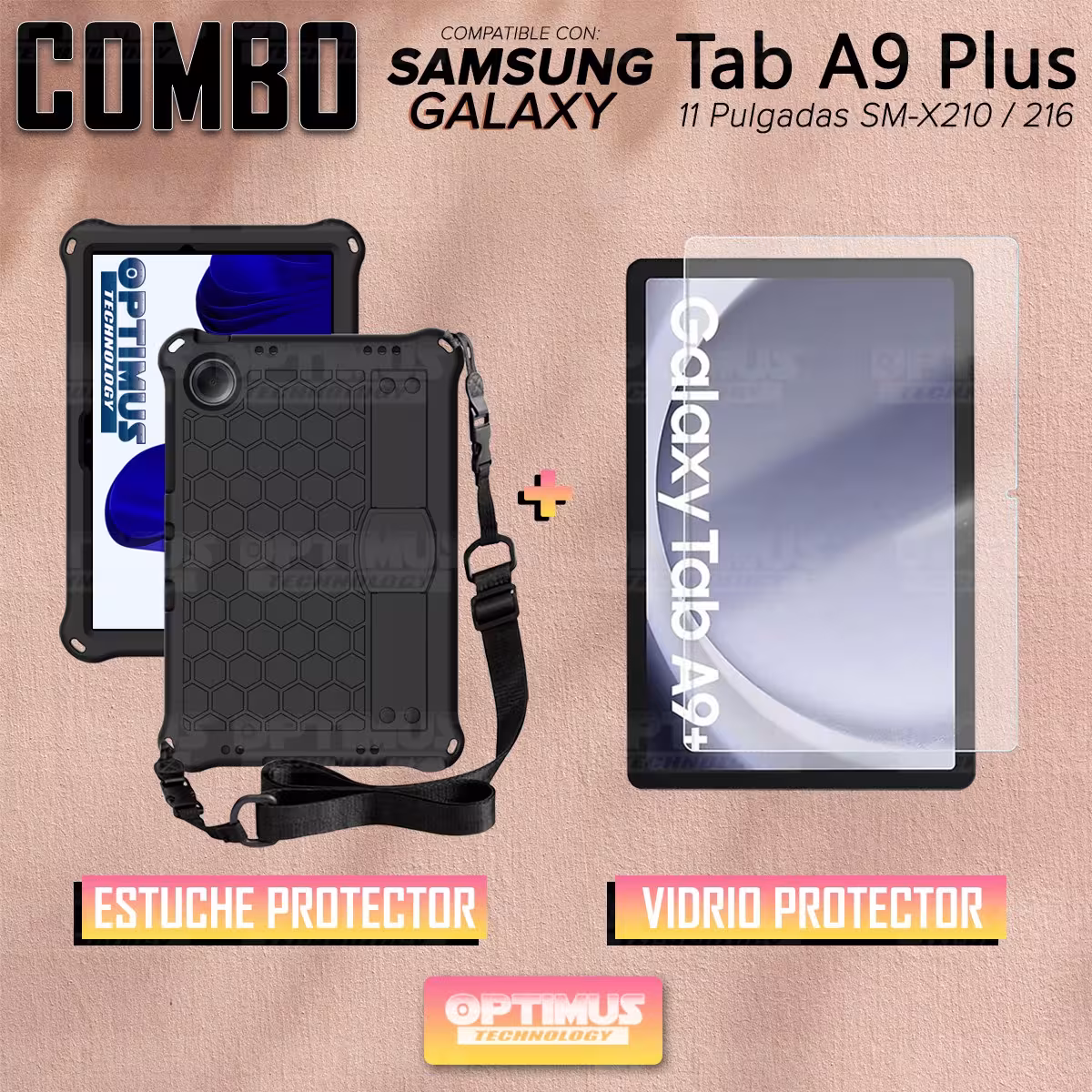 Kit Vidrio Cristal Templado Y Estuche Protector Anti golpes Correa para Tablet Samsung Galaxy Tab A9 Plus 11 Pulgadas SM-X210