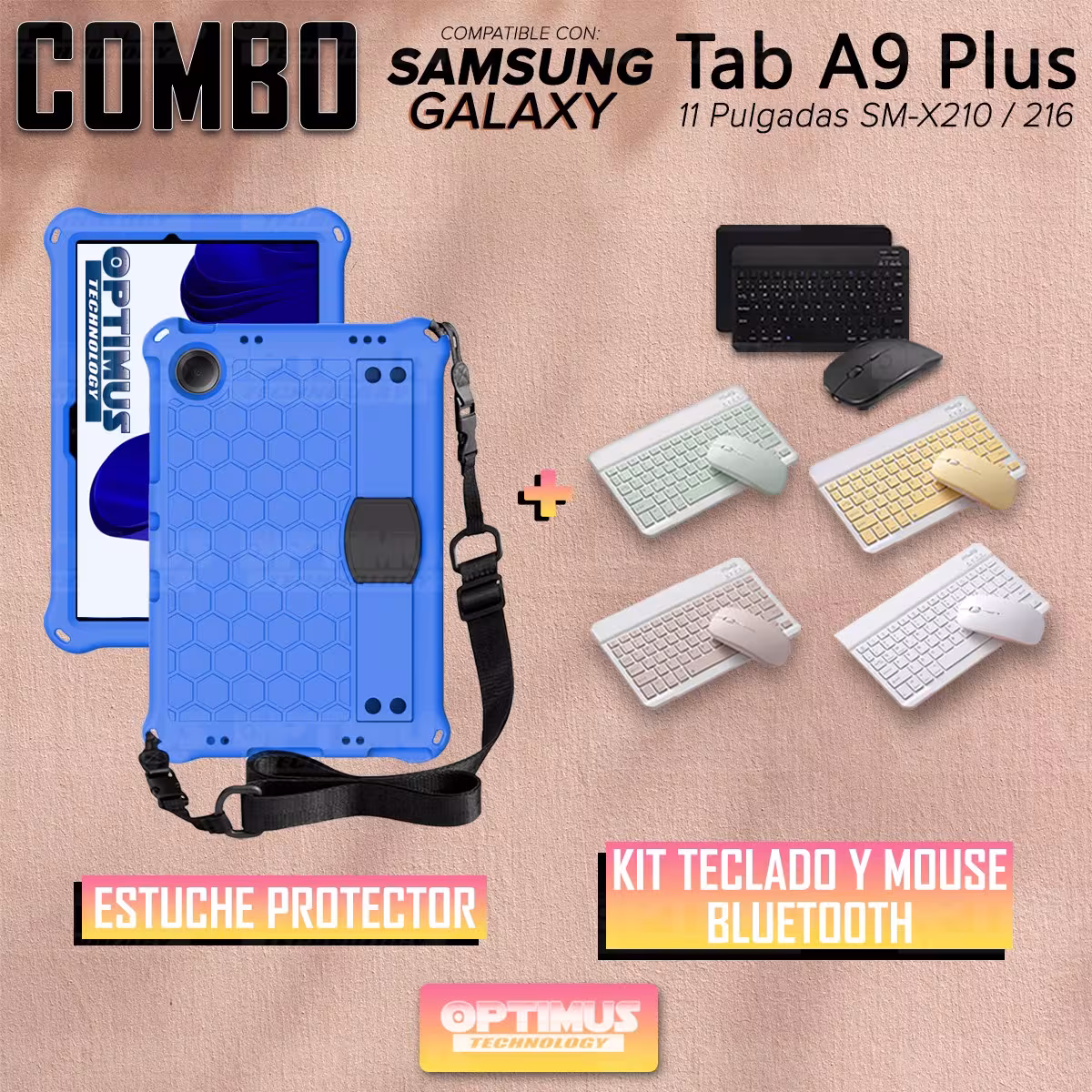 Kit Case Forro Protector con correa + Teclado y Mouse Bluetooth para Tablet Samsung Galaxy Tab A9 Plus 11 Pulgadas SM-X210