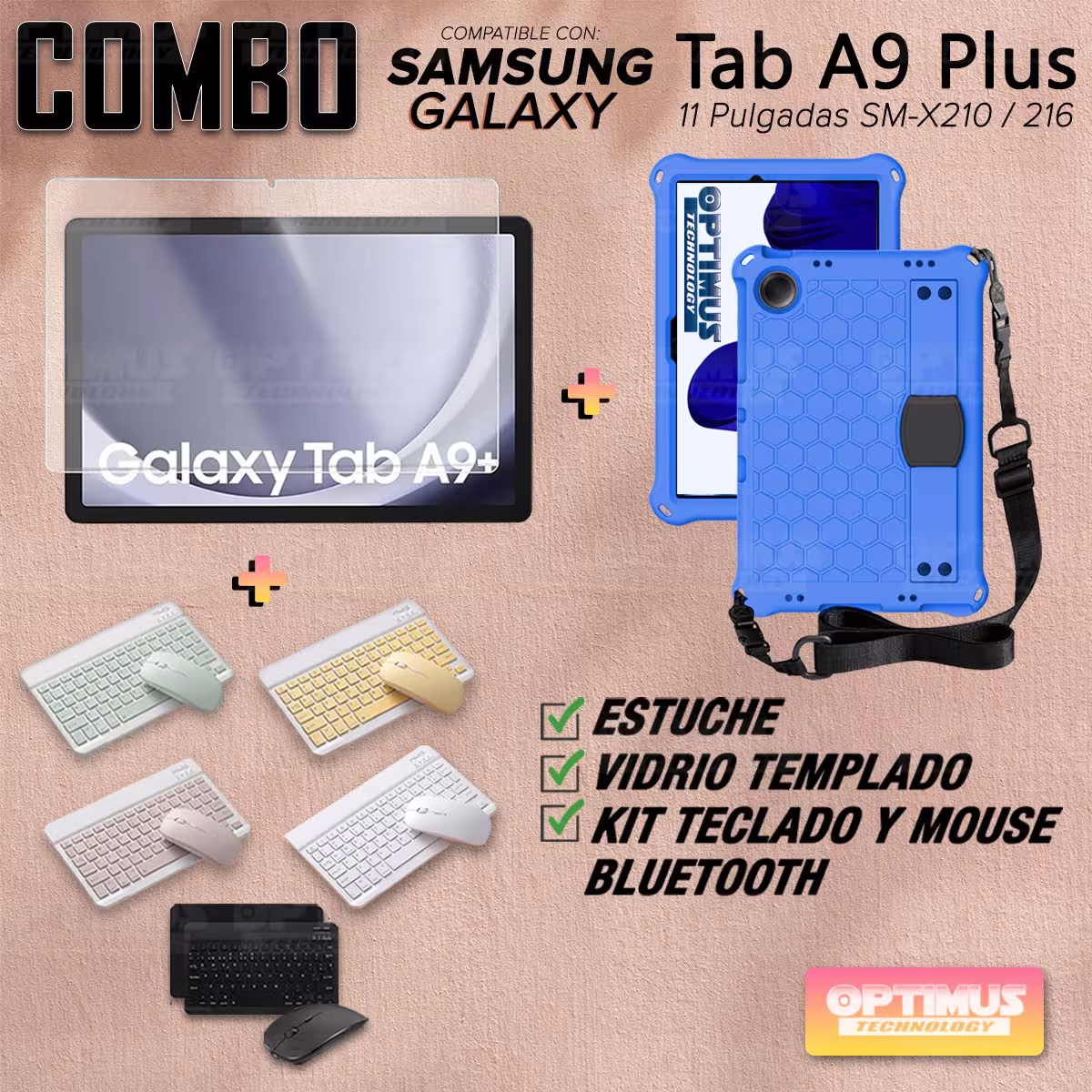Kit Vidrio templado + Case Protector correa + Teclado y Mouse Bluetooth Tablet Samsung Galaxy Tab A9 Plus 11 Pulgadas SM-X210