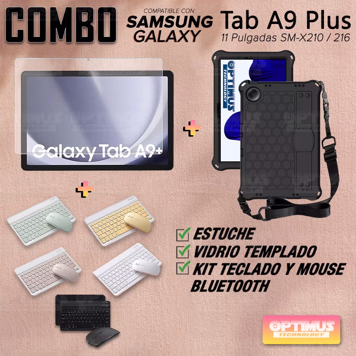 Kit Vidrio templado + Case Protector correa + Teclado y Mouse Bluetooth Tablet Samsung Galaxy Tab A9 Plus 11 Pulgadas SM-X210