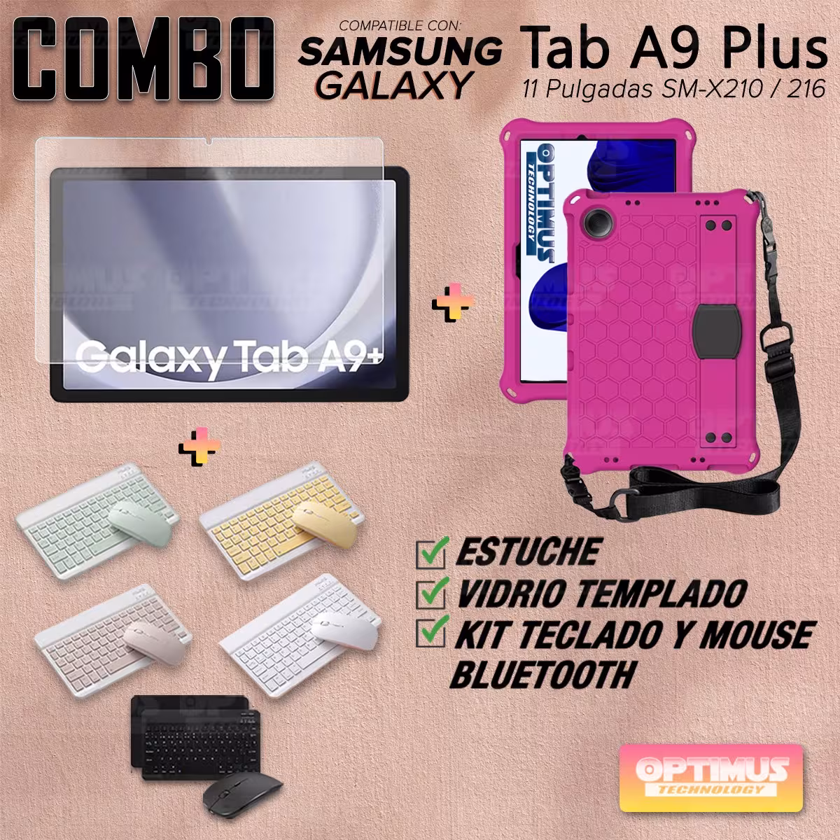 Kit Vidrio templado + Case Protector correa + Teclado y Mouse Bluetooth Tablet Samsung Galaxy Tab A9 Plus 11 Pulgadas SM-X210