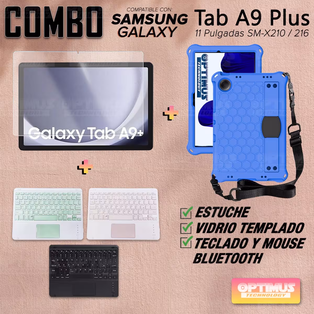 Kit Vidrio templado + Case Protector correa + Teclado Touchpad Bluetooth Tablet Samsung Galaxy Tab A9 Plus 11 Pulgadas SM-X210