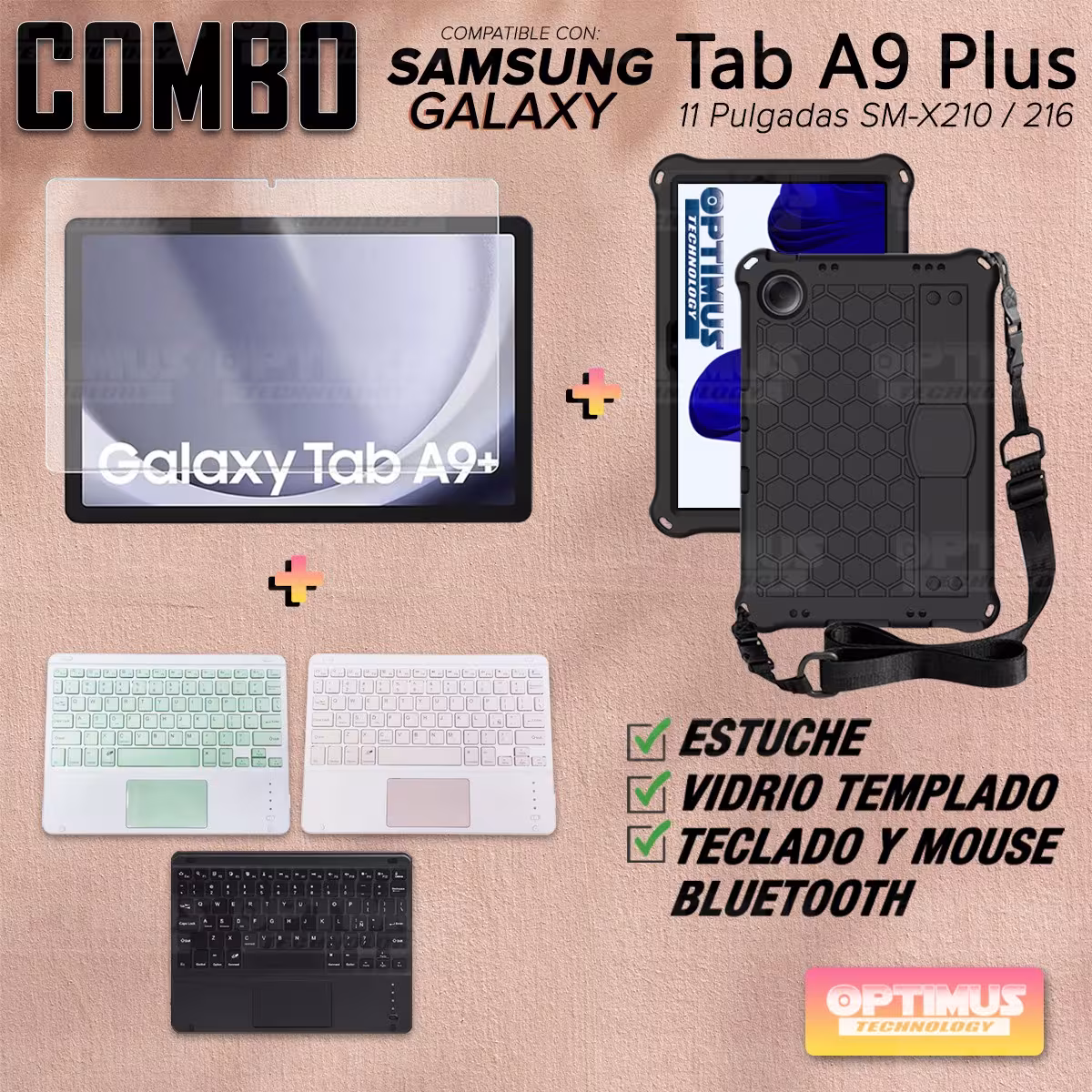 Kit Vidrio templado + Case Protector correa + Teclado Touchpad Bluetooth Tablet Samsung Galaxy Tab A9 Plus 11 Pulgadas SM-X210