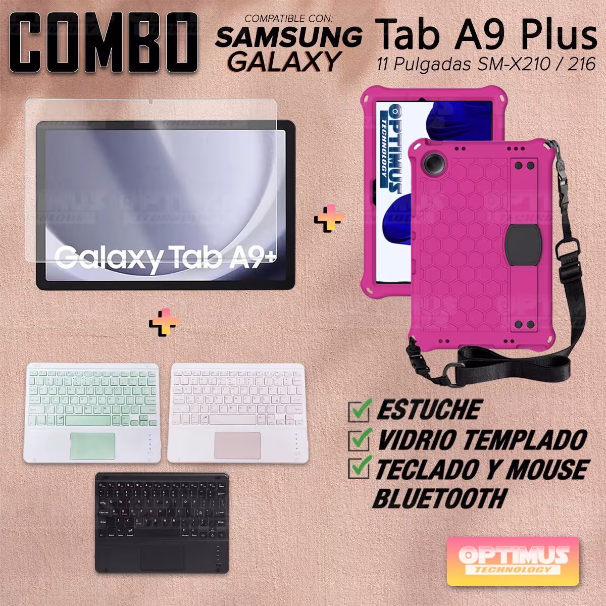 Kit Vidrio templado + Case Protector correa + Teclado Touchpad Bluetooth Tablet Samsung Galaxy Tab A9 Plus 11 Pulgadas SM-X210