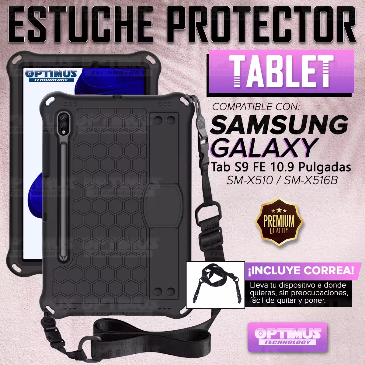 Kit Vidrio Templado Y Estuche Protector Correa para Tablet Samsung Galaxy Tab S9 FE 10.9 Pulgadas 2023 SM-X510 SM-X516B
