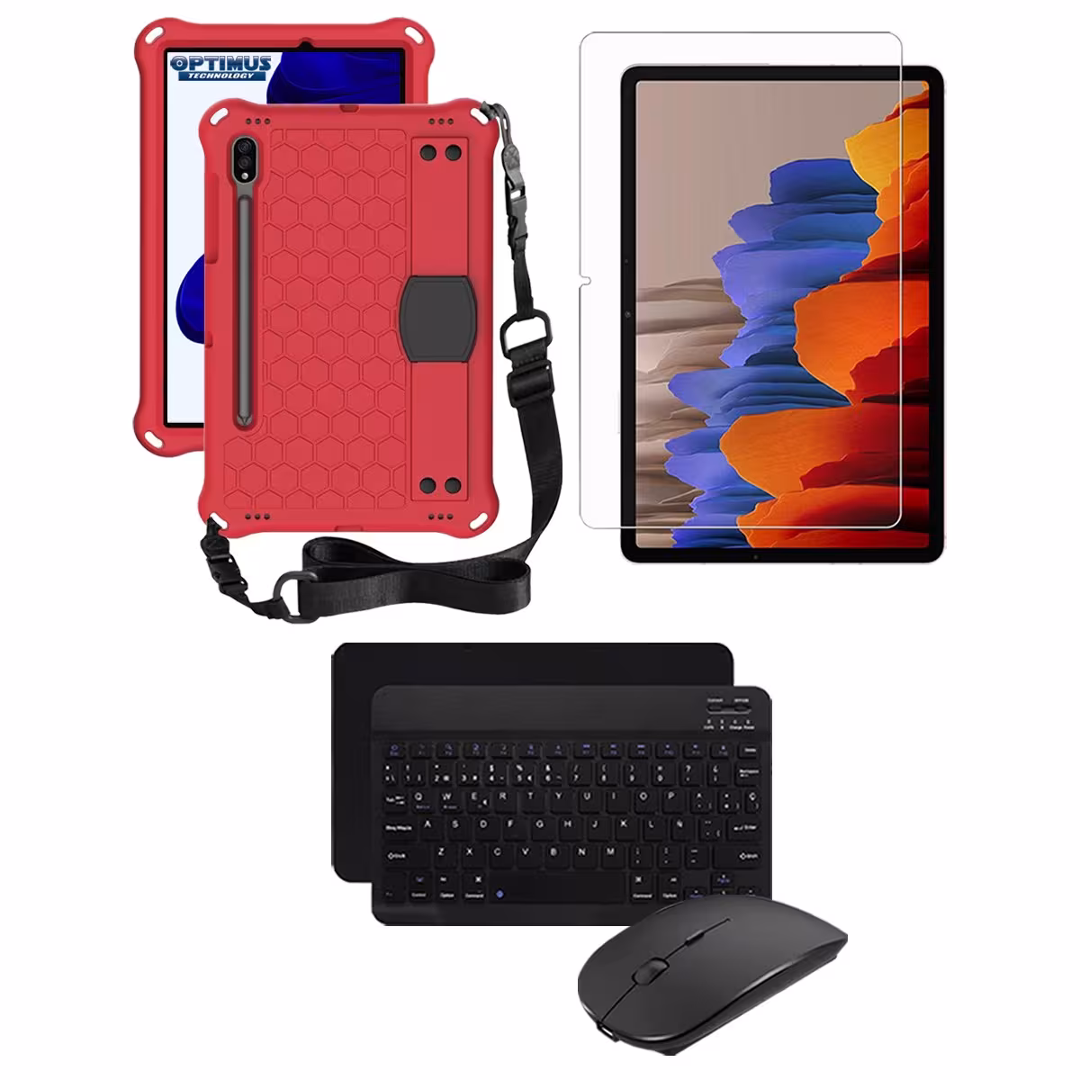 Kit Vidrio templado + Case Protector correa + Teclado Mouse Bluetooth Tablet Samsung Galaxy Tab S9 FE 10.9 Pulgadas 2023 SM-X510