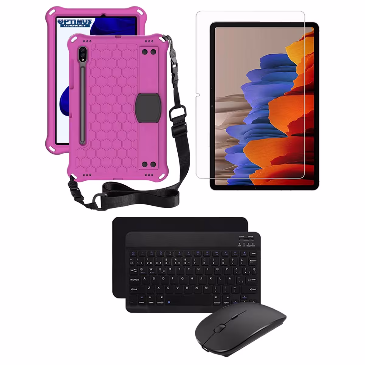 Kit Vidrio templado + Case Protector correa + Teclado Mouse Bluetooth Tablet Samsung Galaxy Tab S9 FE 10.9 Pulgadas 2023 SM-X510