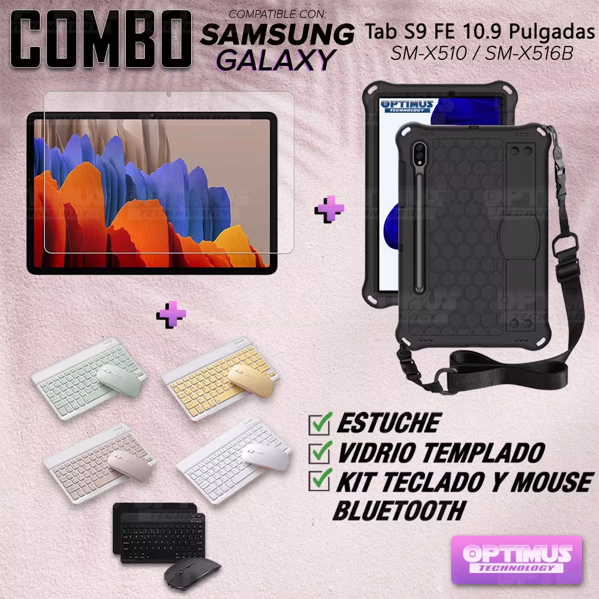 Kit Vidrio templado + Case Protector correa + Teclado Mouse Bluetooth Tablet Samsung Galaxy Tab S9 FE 10.9 Pulgadas 2023 SM-X510
