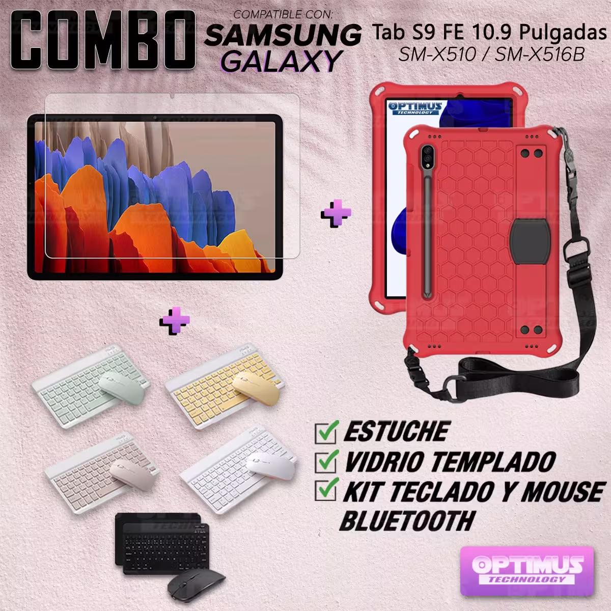 Kit Vidrio templado + Case Protector correa + Teclado Mouse Bluetooth Tablet Samsung Galaxy Tab S9 FE 10.9 Pulgadas 2023 SM-X510