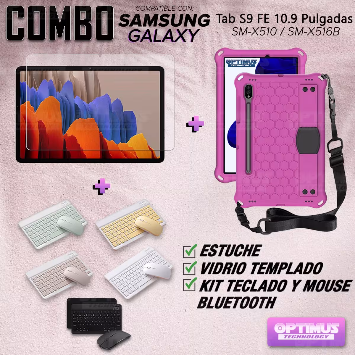 Kit Vidrio templado + Case Protector correa + Teclado Mouse Bluetooth Tablet Samsung Galaxy Tab S9 FE 10.9 Pulgadas 2023 SM-X510