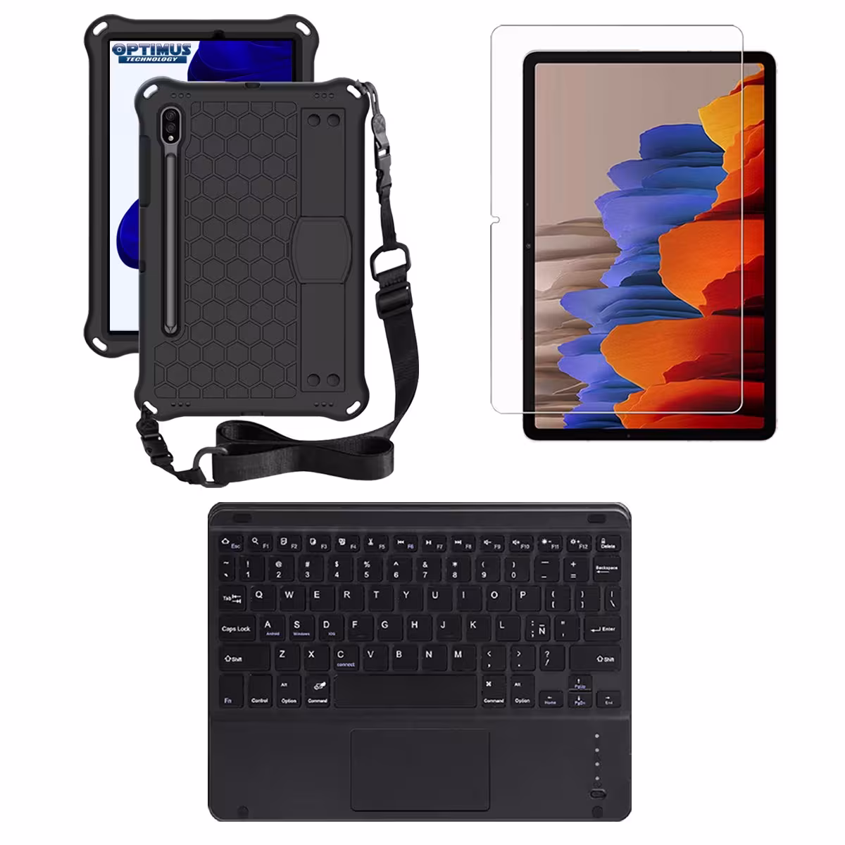 Kit Vidrio templado + Case Protector correa + Teclado Touchpad Bluetooth Samsung Galaxy Tab S9 FE 10.9 Pulgadas 2023 SM-X510