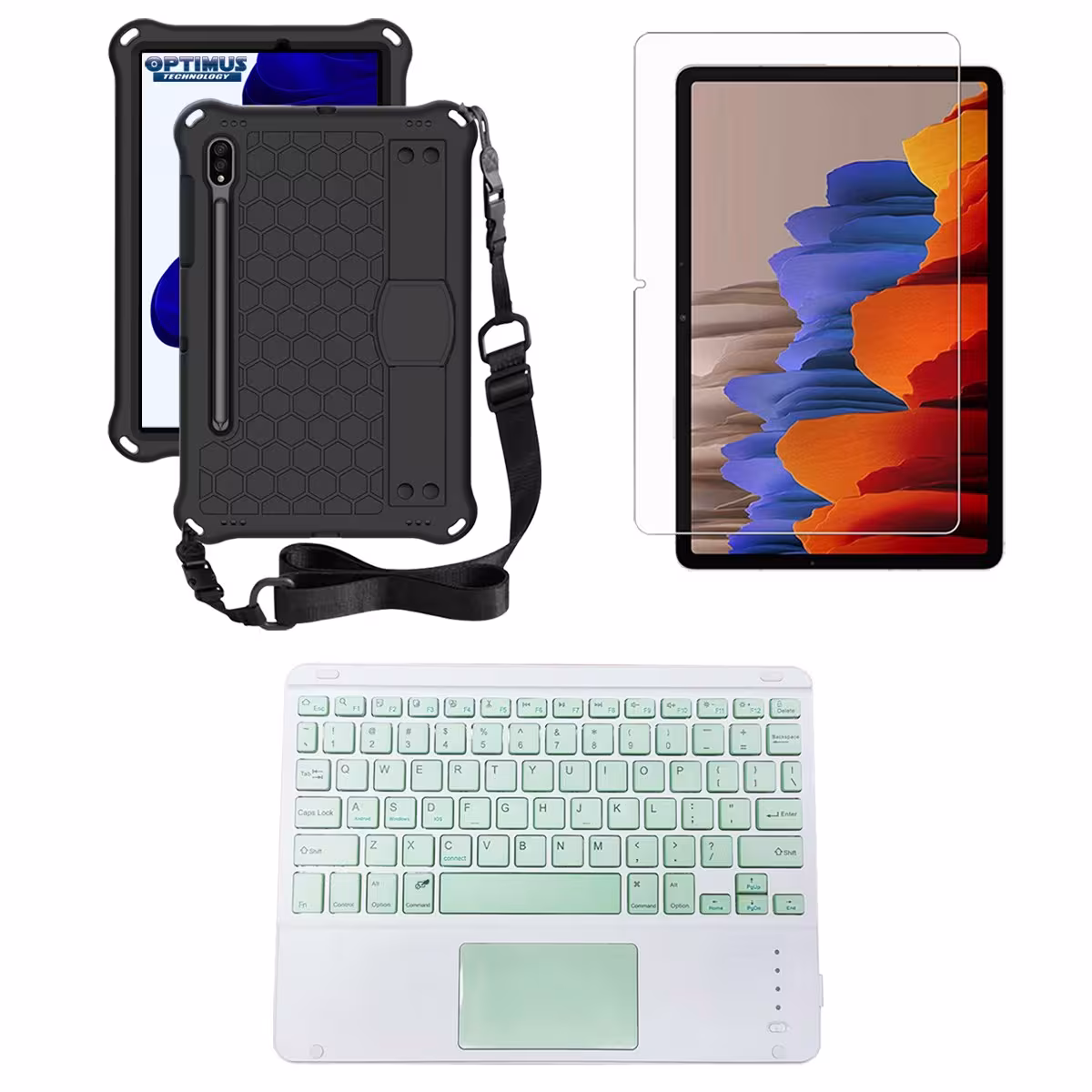 Kit Vidrio templado + Case Protector correa + Teclado Touchpad Bluetooth Samsung Galaxy Tab S9 FE 10.9 Pulgadas 2023 SM-X510
