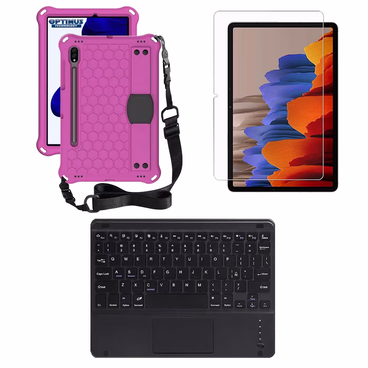 Kit Vidrio templado + Case Protector correa + Teclado Touchpad Bluetooth Samsung Galaxy Tab S9 FE 10.9 Pulgadas 2023 SM-X510