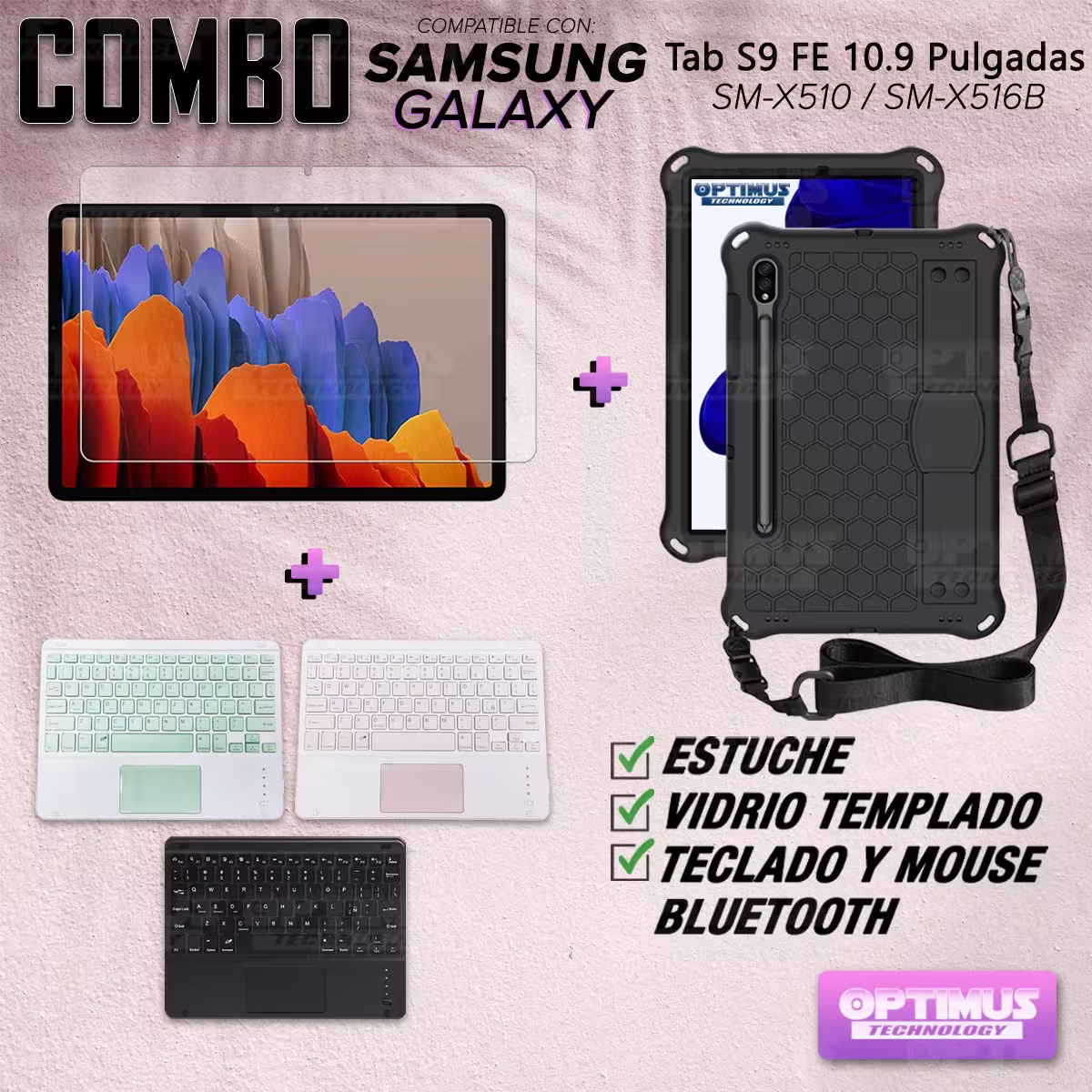 Kit Vidrio templado + Case Protector correa + Teclado Touchpad Bluetooth Samsung Galaxy Tab S9 FE 10.9 Pulgadas 2023 SM-X510