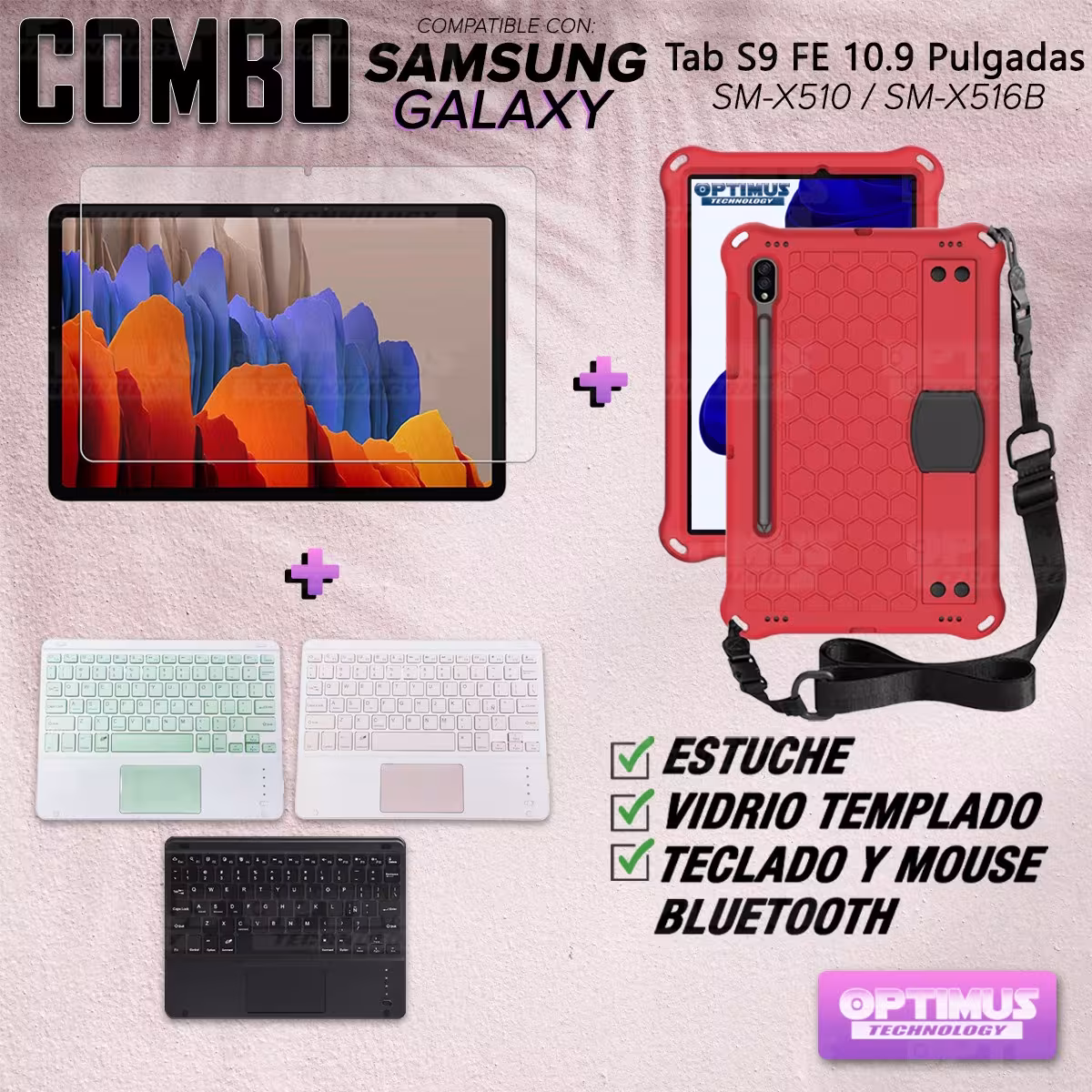 Kit Vidrio templado + Case Protector correa + Teclado Touchpad Bluetooth Samsung Galaxy Tab S9 FE 10.9 Pulgadas 2023 SM-X510