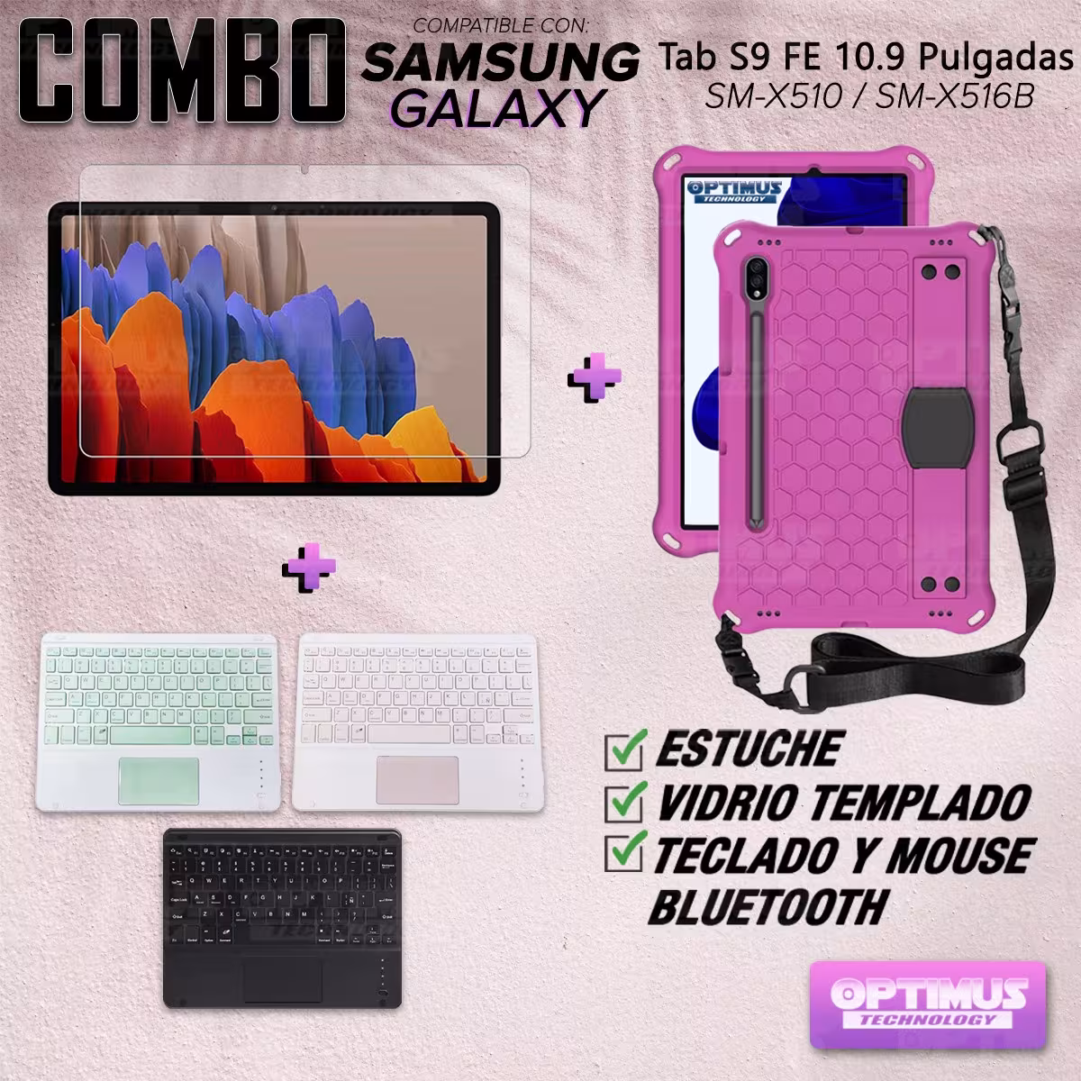 Kit Vidrio templado + Case Protector correa + Teclado Touchpad Bluetooth Samsung Galaxy Tab S9 FE 10.9 Pulgadas 2023 SM-X510