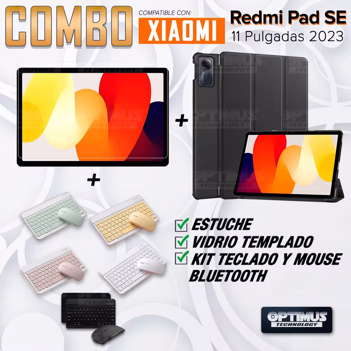 Kit Vidrio templado + Case Protector + Teclado y Mouse Bluetooth Tablet Xiaomi Redmi Pad SE 11 Pulgadas 2023 Wifi