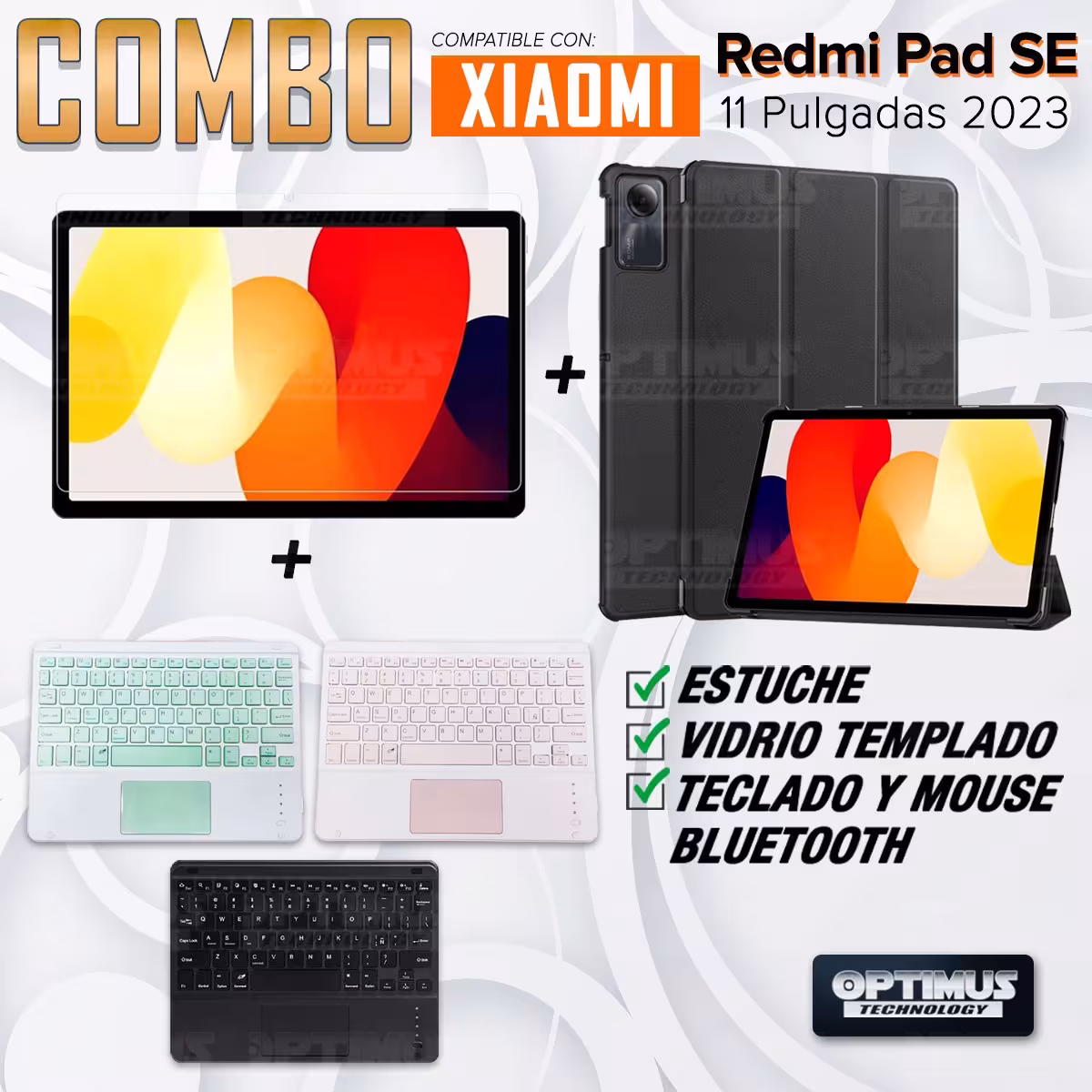 Kit Vidrio templado + Case Protector + Teclado Touchpad Bluetooth Tablet Xiaomi Redmi Pad SE 11 Pulgadas 2023 Wifi
