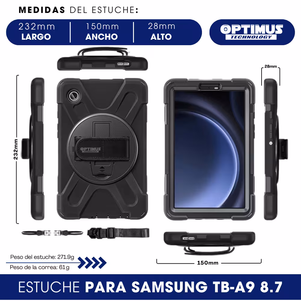 Combo Kit Estuche Antishock Correa Para Hombro Y Vidrio Templado Para Samsung Tb-A9 8.7 Sm-X110 Sm-X115
