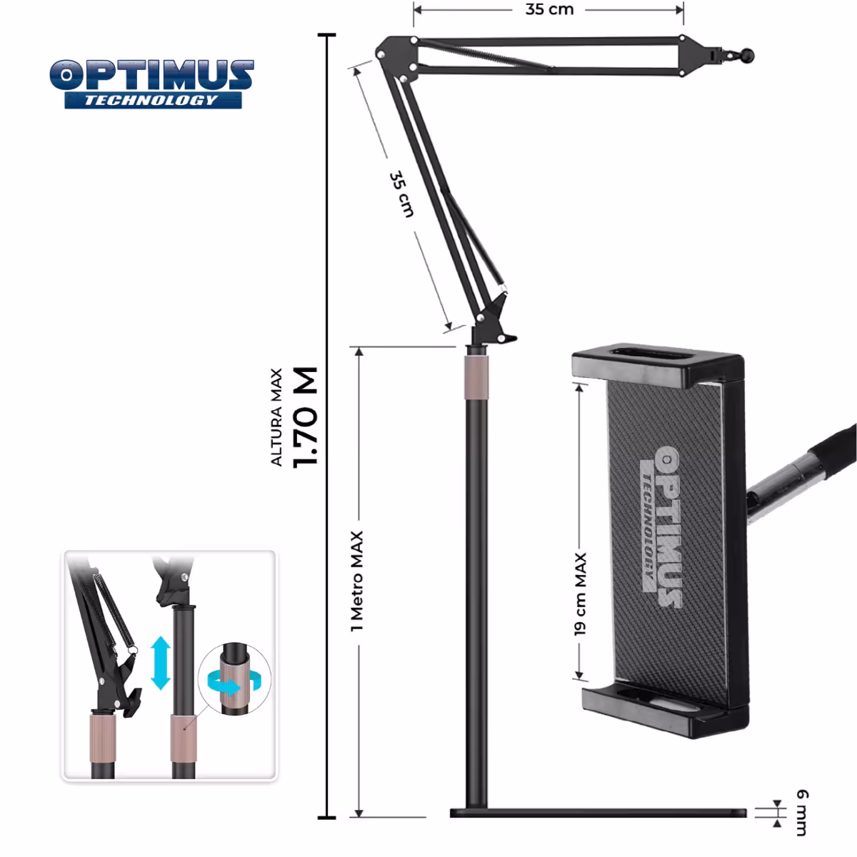 Soporte de Brazo Base para Tablet y Celular de 1.70cm con Expansión maxima de 19cm para Oficinas OPTIMUS TECHNOLOGY