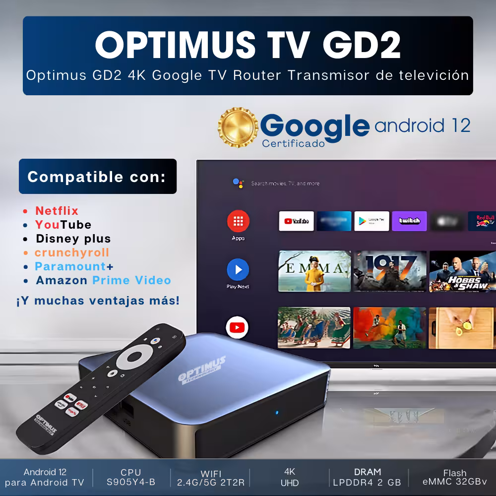 OPTIMUS TV GD2 4K TV Box Android TV Wi-Fi 5G Ultra HD Función de Chromecast con Google Assintant Android tv 12
