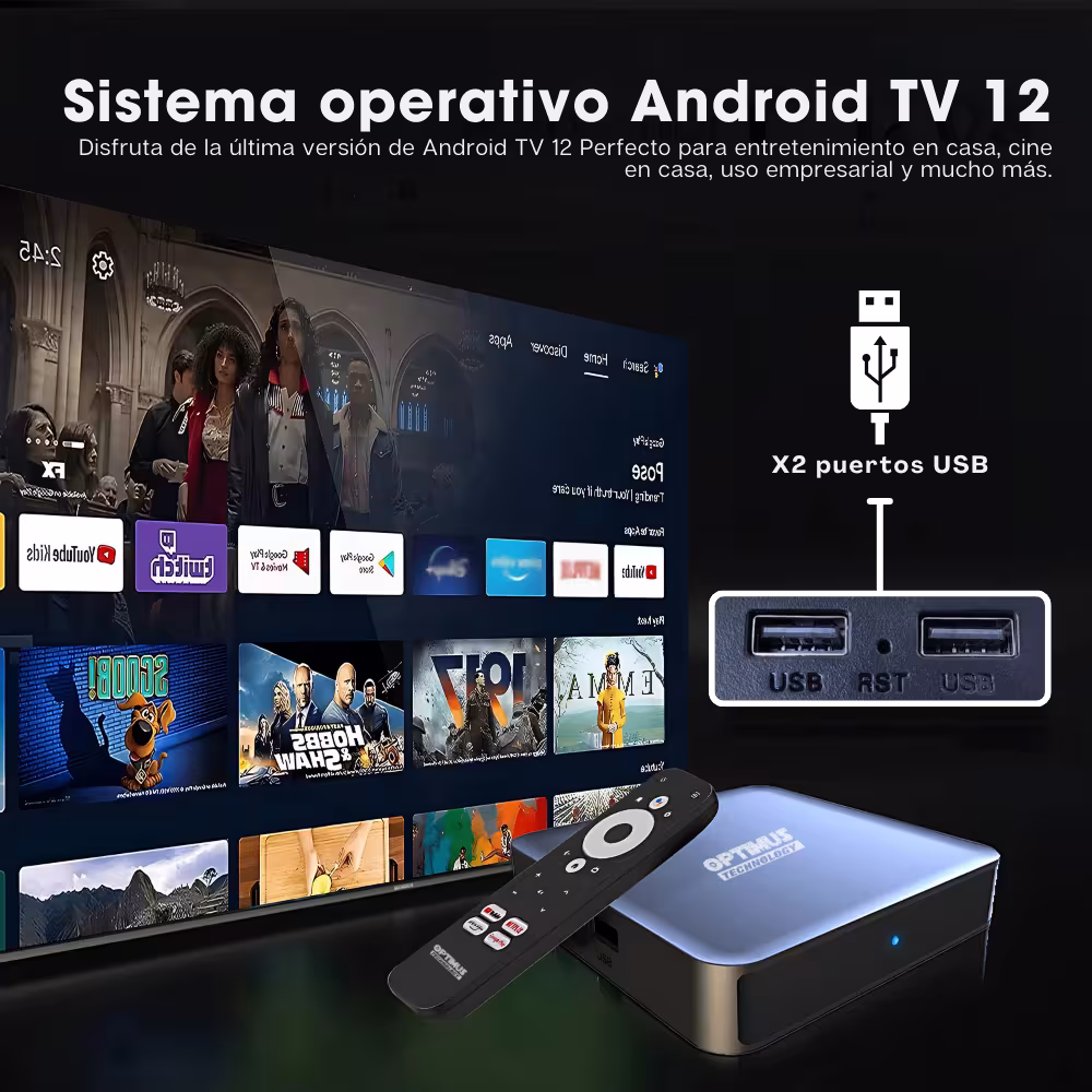 OPTIMUS TV GD2 4K TV Box Android TV Wi-Fi 5G Ultra HD Función de Chromecast con Google Assintant Android tv 12