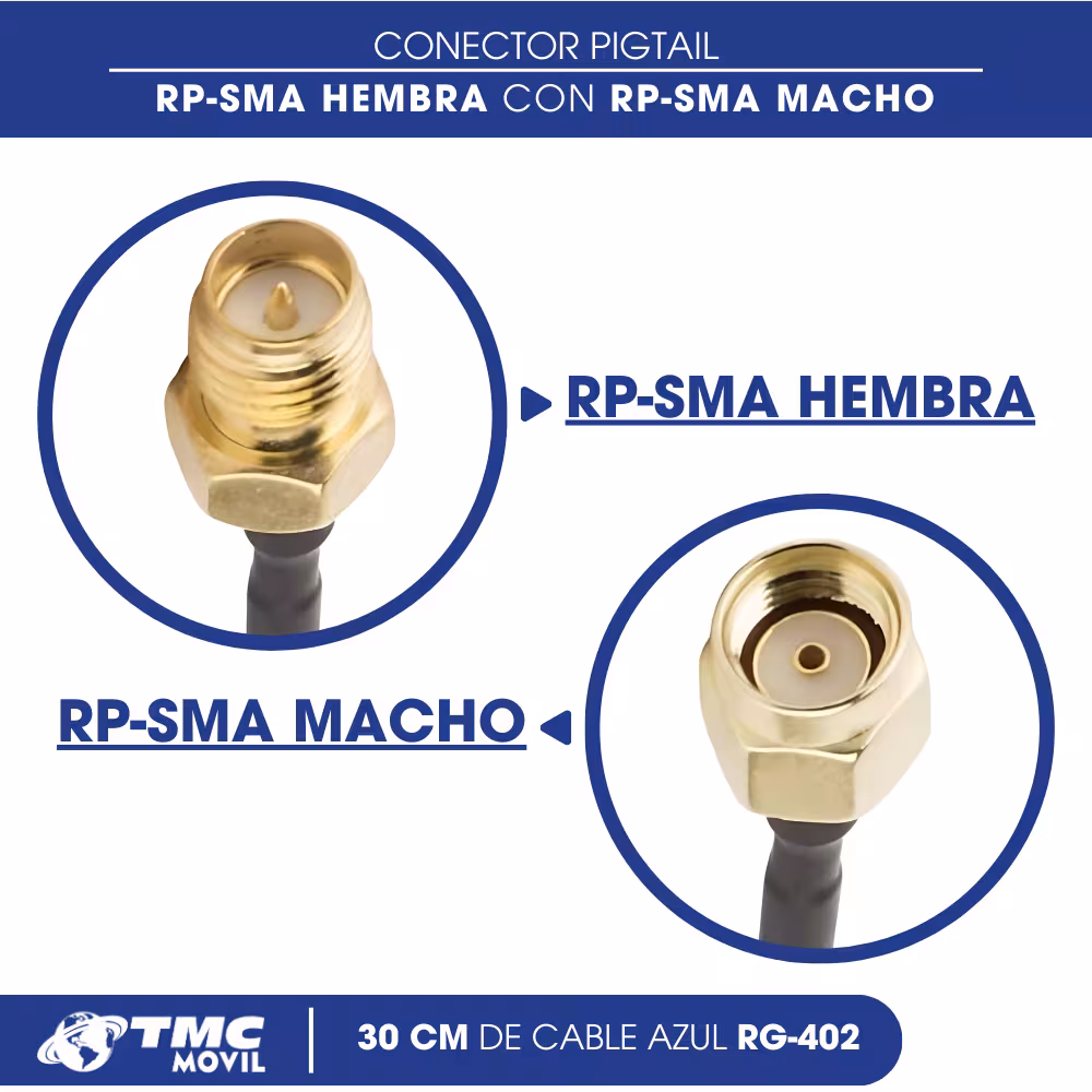 Conector Cable Pigtail-Jumper Rp-Sma Macho A Rp-Sma Hembra Con Cable Azul De 30 Cm Rg-402