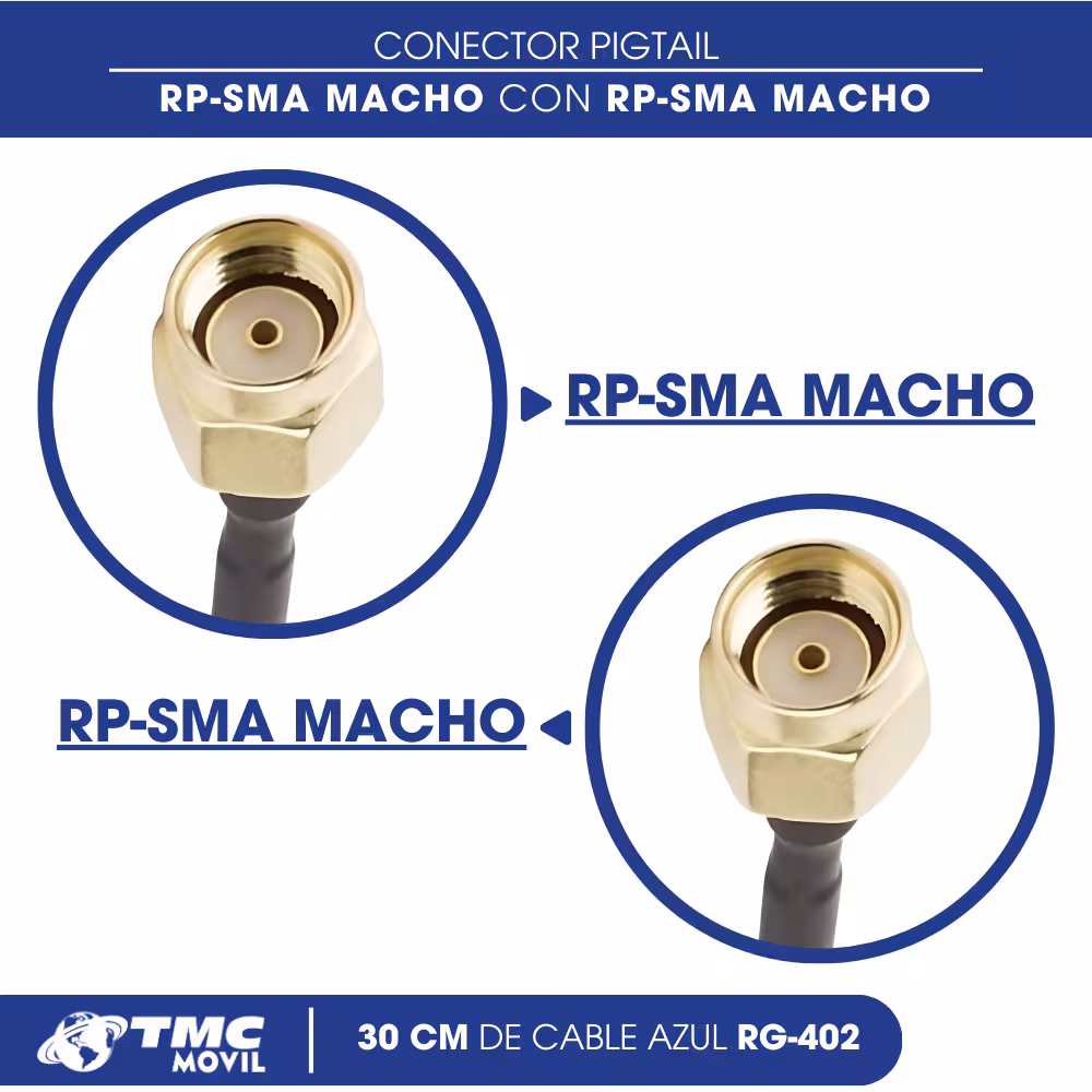 Conector Cable Pigtail-Jumper Rp-Sma Macho A Rp-Sma Macho Con Cable Azul De 30 Cm Rg-402