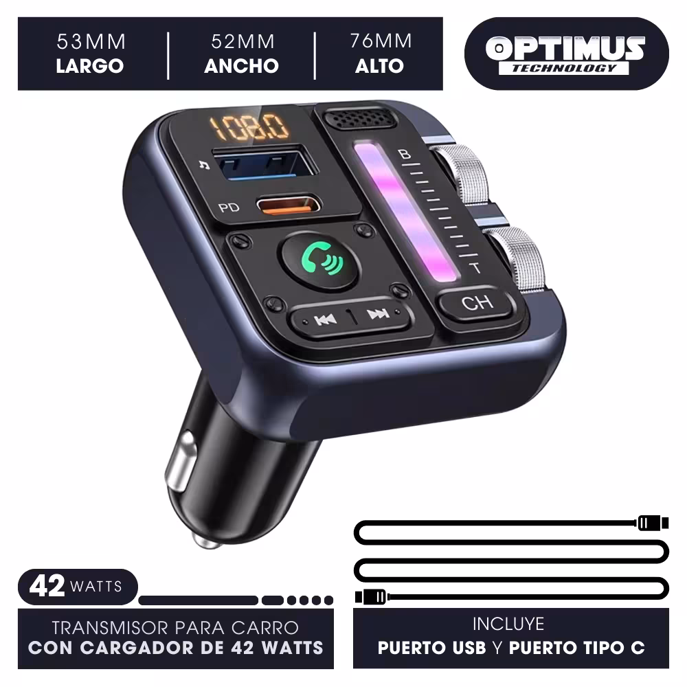 Cargador transmisor radio FM bluetooth 5.3 para carro automóvil Vehículos Camiones de dos puertos 1USB + 1Tipo C OPTIMUS BT23-V2