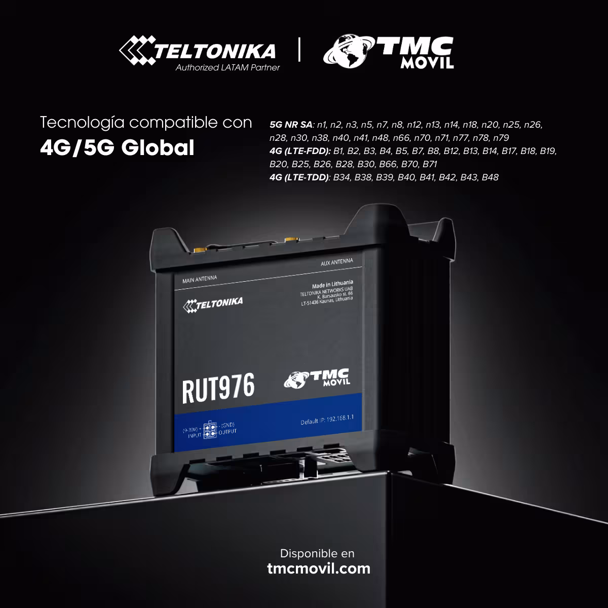 Router 4G/5G Teltonika RUT976 Dual SIM con 4 P. Ethernet y Puerto Serial RS232 RS485 – LTE Cat 4 (Bandas Completas LATAM)