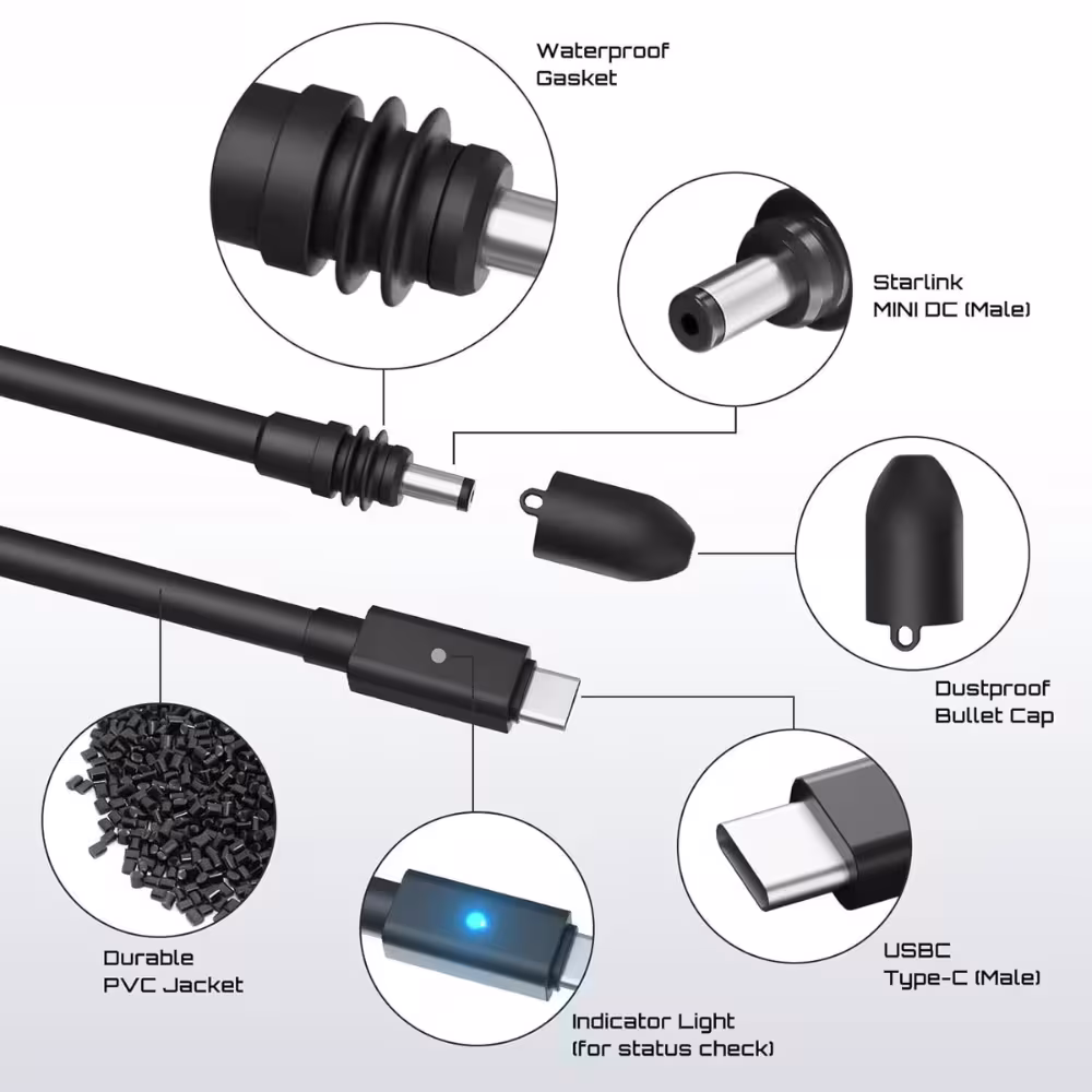 Cable Tipo C Con Indicador Led Para Starlink Mini De 5 Metros