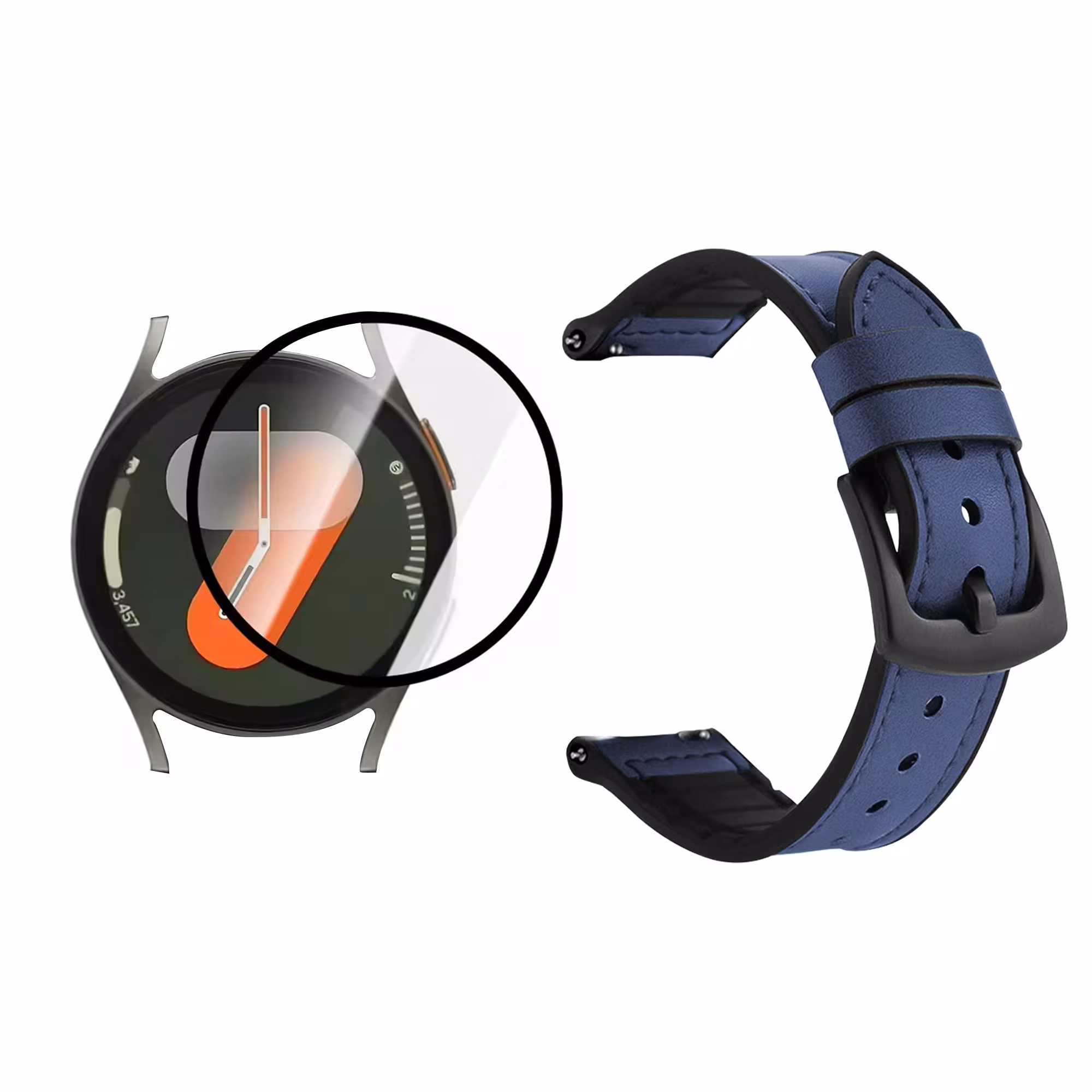 Kit Correa de Cuero anti-sudor Y Vidrio Templado Nanoglass Protector Para Reloj Samsung Galaxy Watch 7 44mm