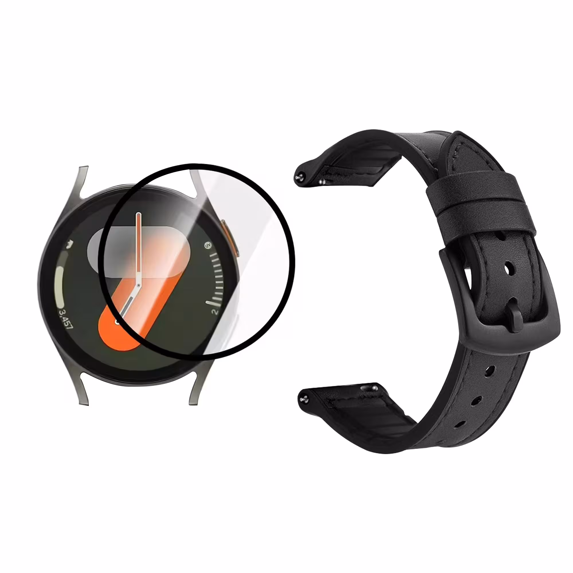 Kit Correa de Cuero anti-sudor Y Vidrio Templado Nanoglass Protector Para Reloj Samsung Galaxy Watch 7 44mm