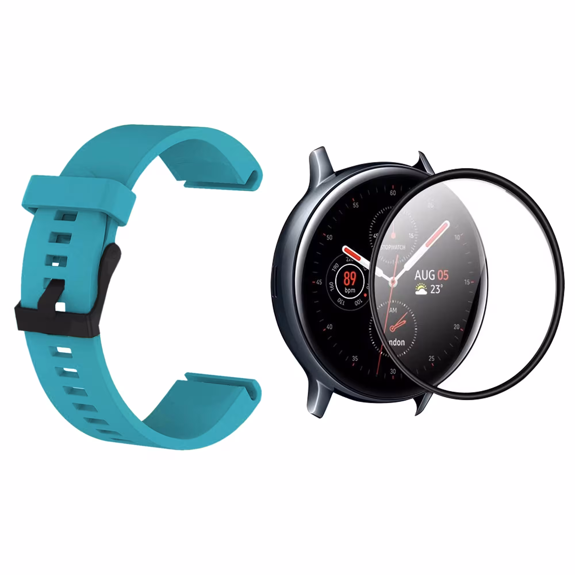 KIT Correa Pulso de goma hebilla negra y Vidrio templado cerámico para Reloj Smartwatch Samsung Galaxy Watch Fe 40mm