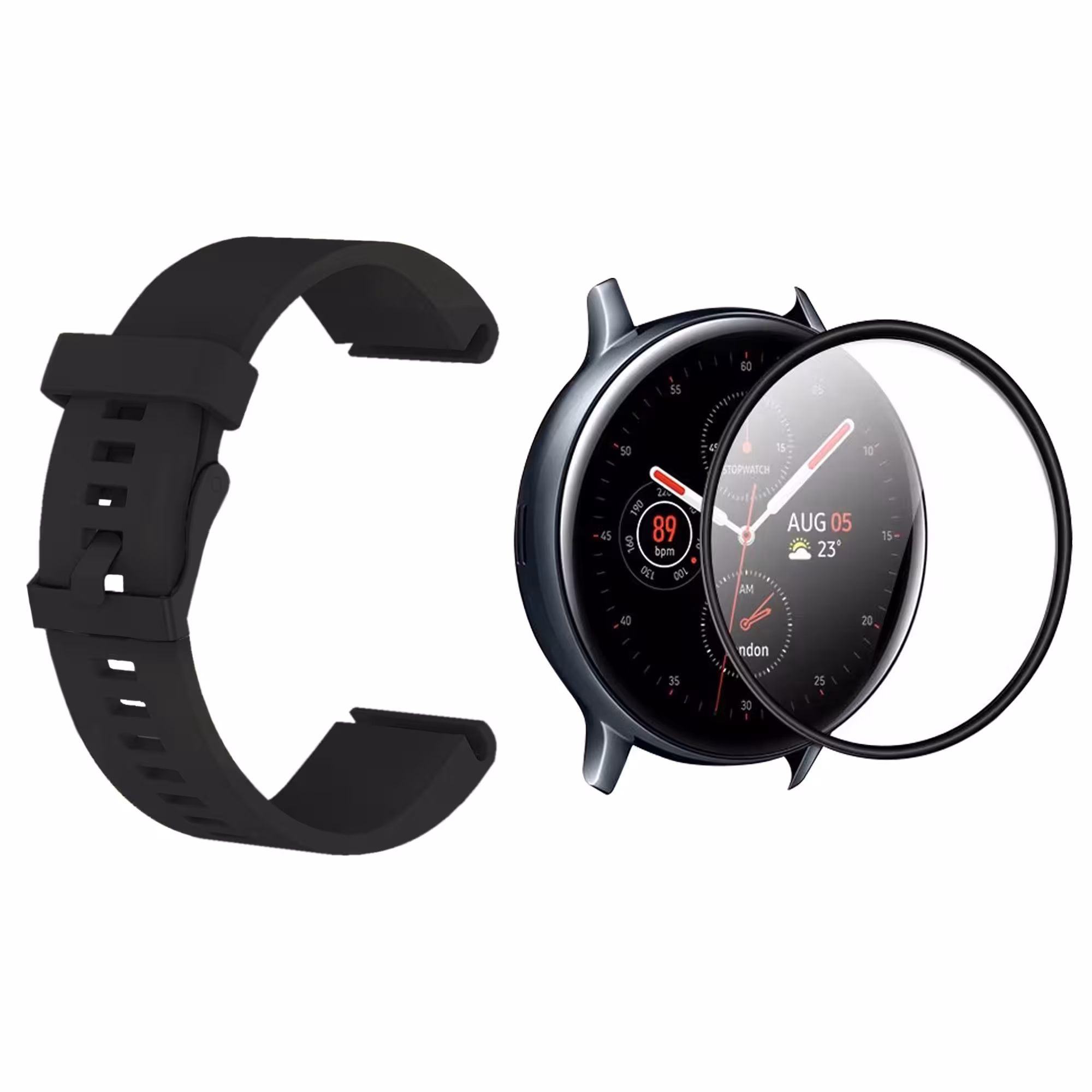 KIT Correa Pulso de goma hebilla negra y Vidrio templado cerámico para Reloj Smartwatch Samsung Galaxy Watch Fe 40mm