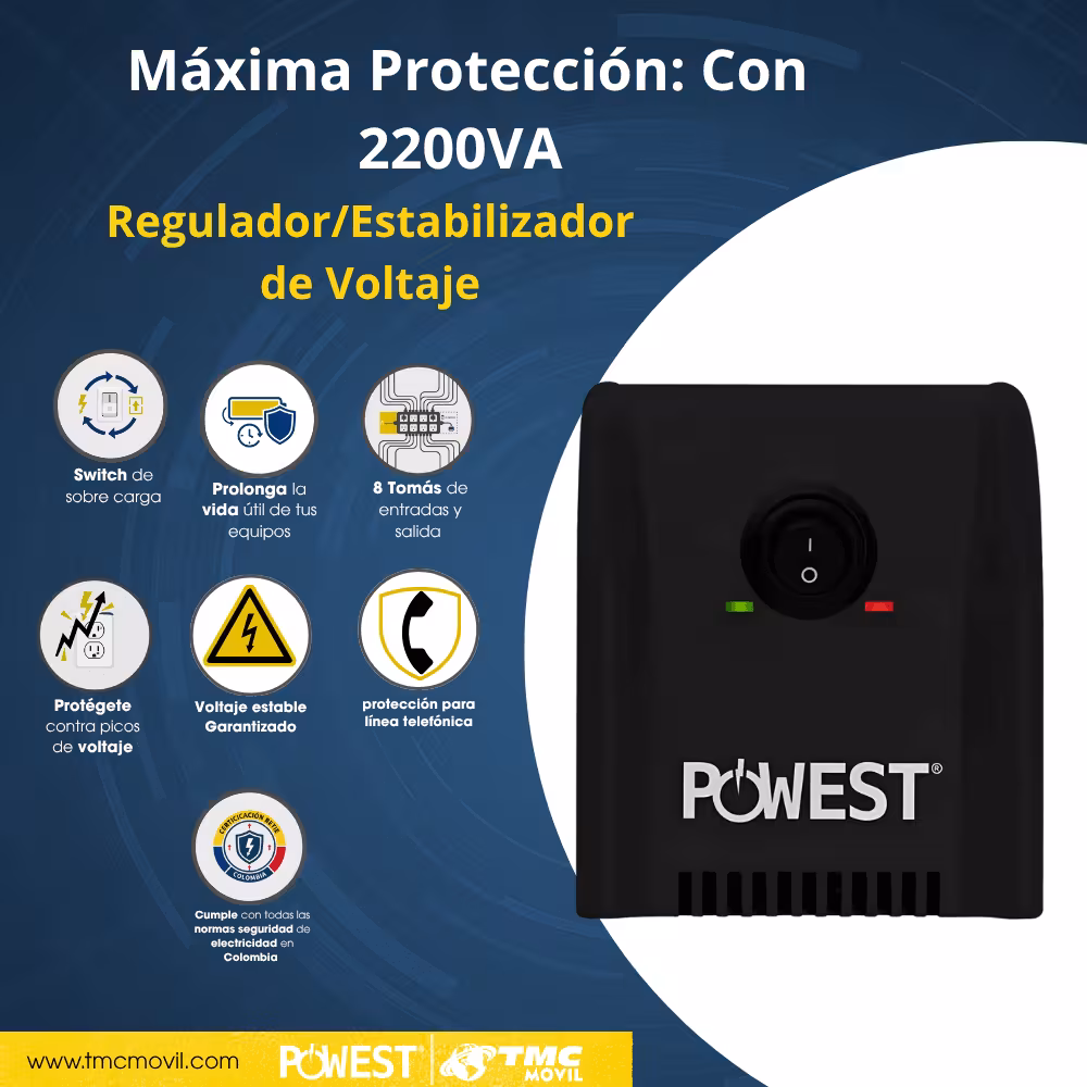 Regulador de Voltaje Powest Copyline 2.2 KVA (2200 VA / 1200 W) 120 V Automático Color Negro