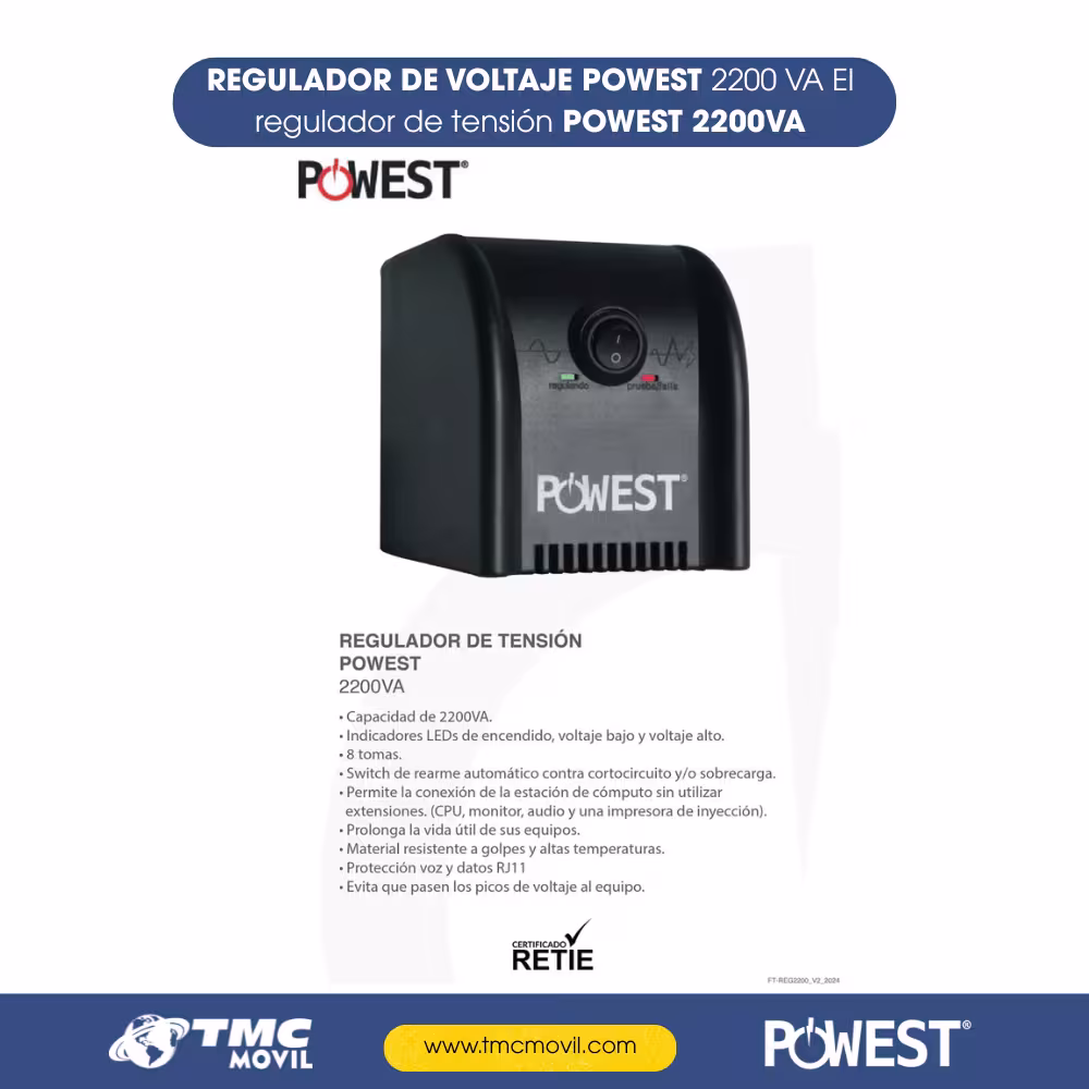 Regulador de Voltaje Powest Copyline 2.2 KVA (2200 VA / 1200 W) 120 V Automático Color Negro