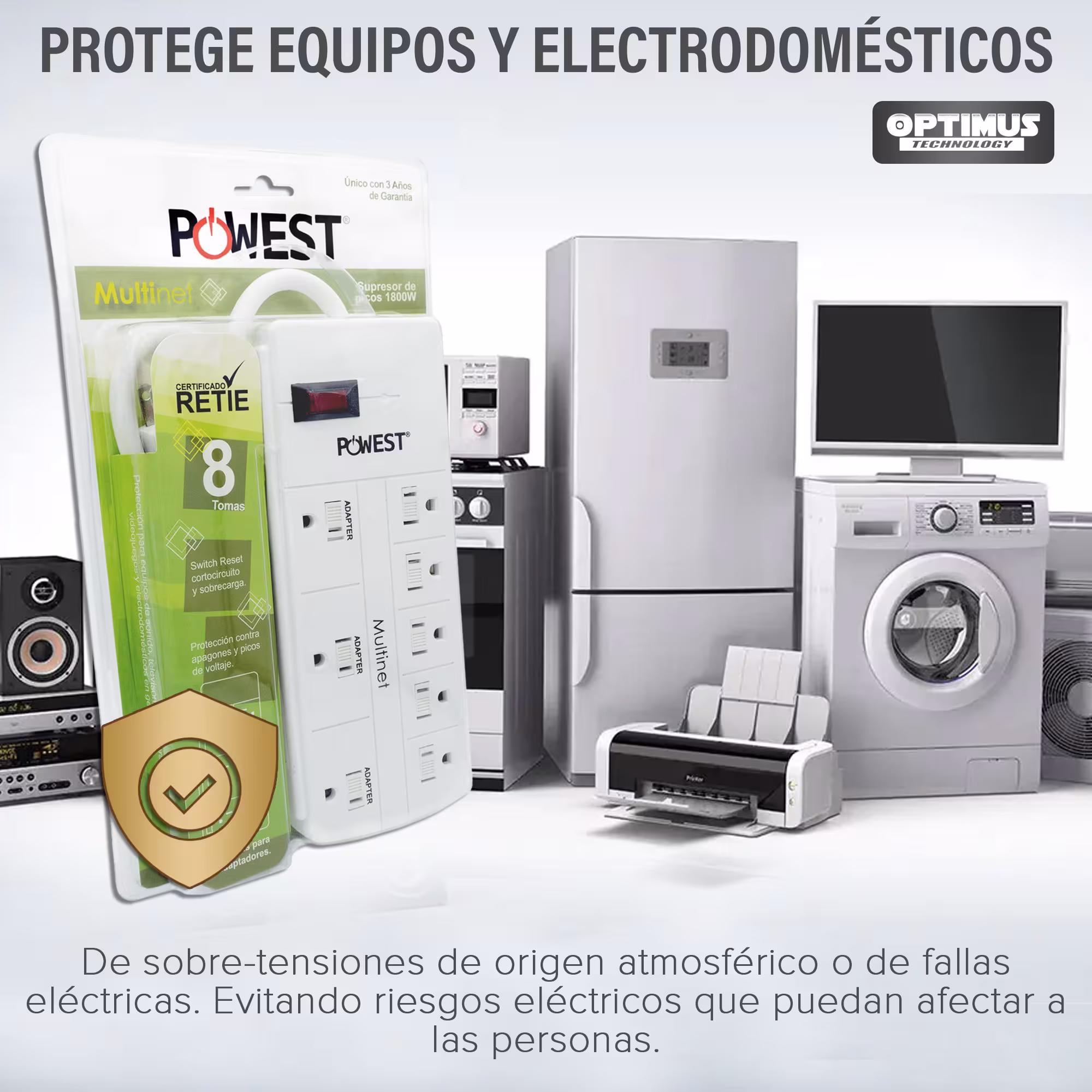 Multitoma Supresor de Picos Multinet 8T 8 Salidas Powest Regleta 1800w Seguridad Eléctrica Protección Sobretensión