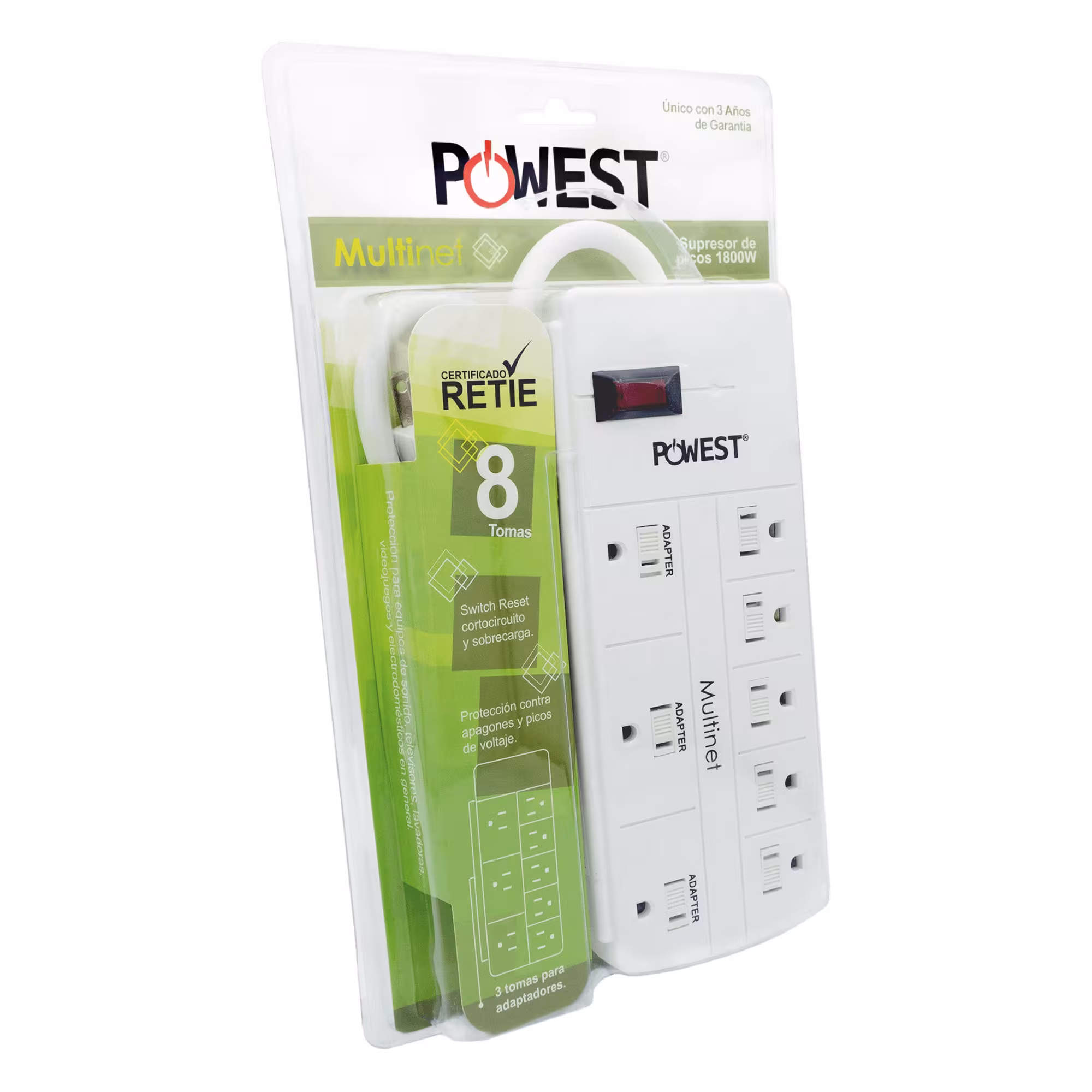 Multitoma Supresor de Picos Multinet 8T 8 Salidas Powest Regleta 1800w Seguridad Eléctrica Protección Sobretensión