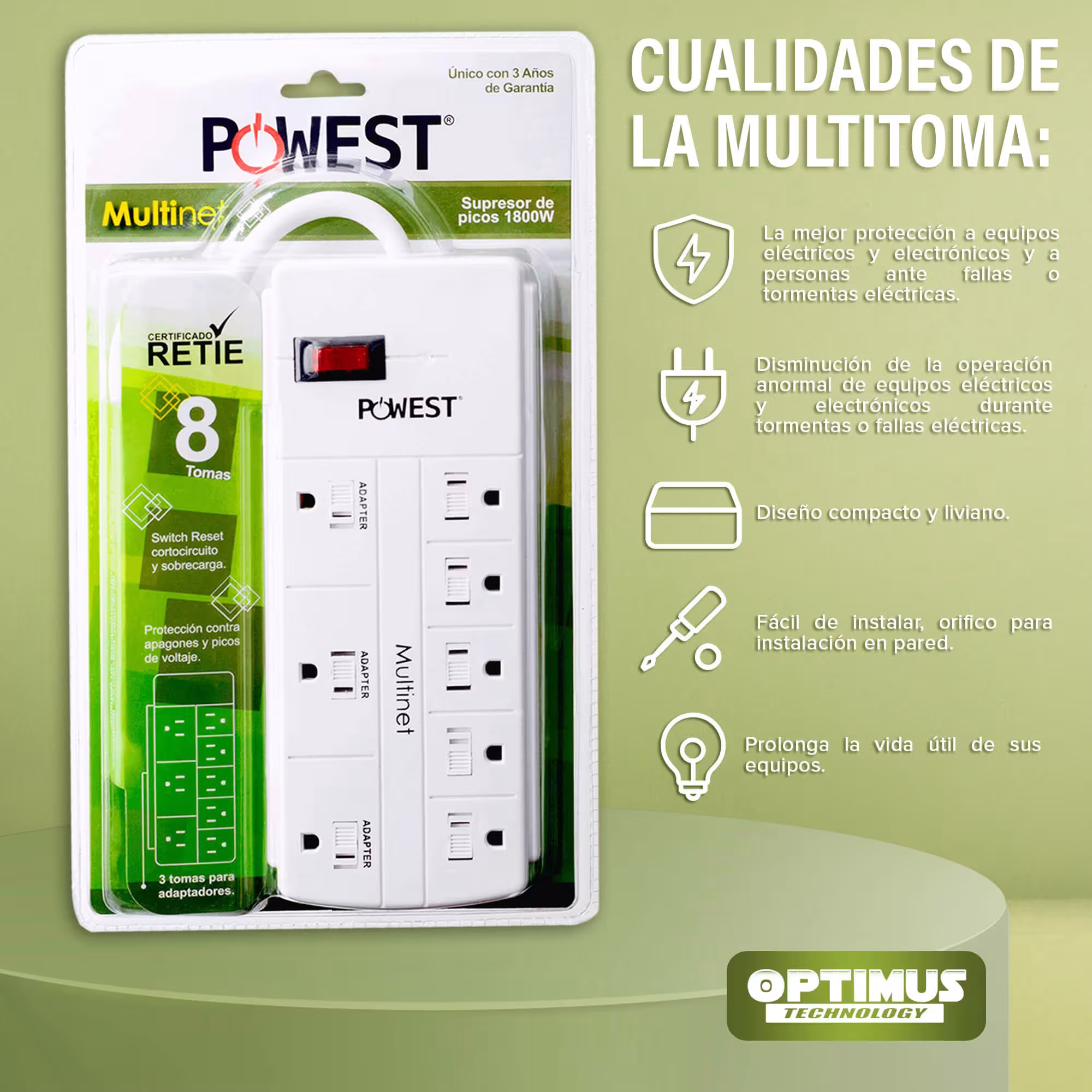 Multitoma Supresor de Picos Multinet 8T 8 Salidas Powest Regleta 1800w Seguridad Eléctrica Protección Sobretensión