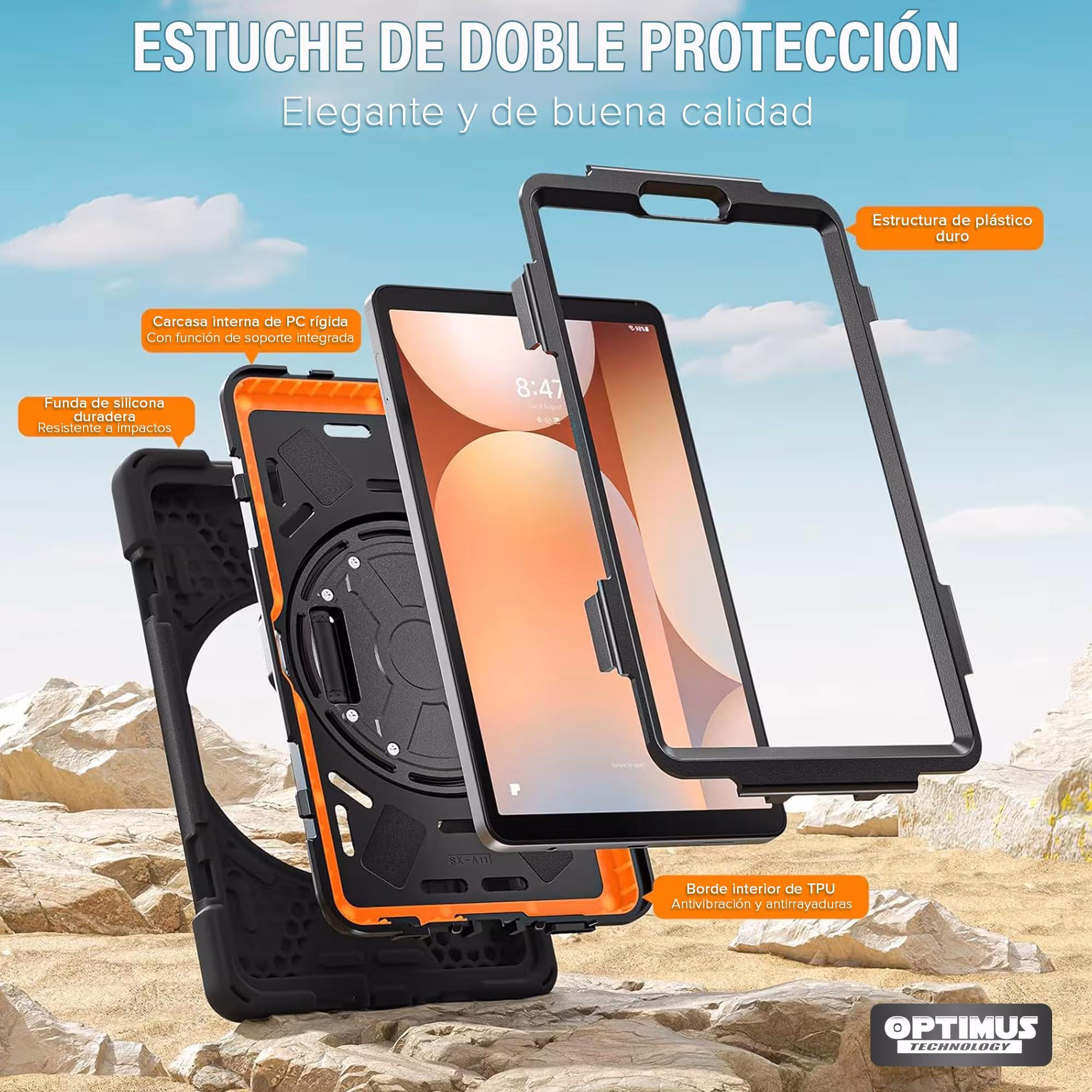 Estuche antishock de correa Ajustable con soporte de 360° Anti golpes para Samsung Galaxy Tab A11 8.7 Pulgadas 2025 SM-X133 X135