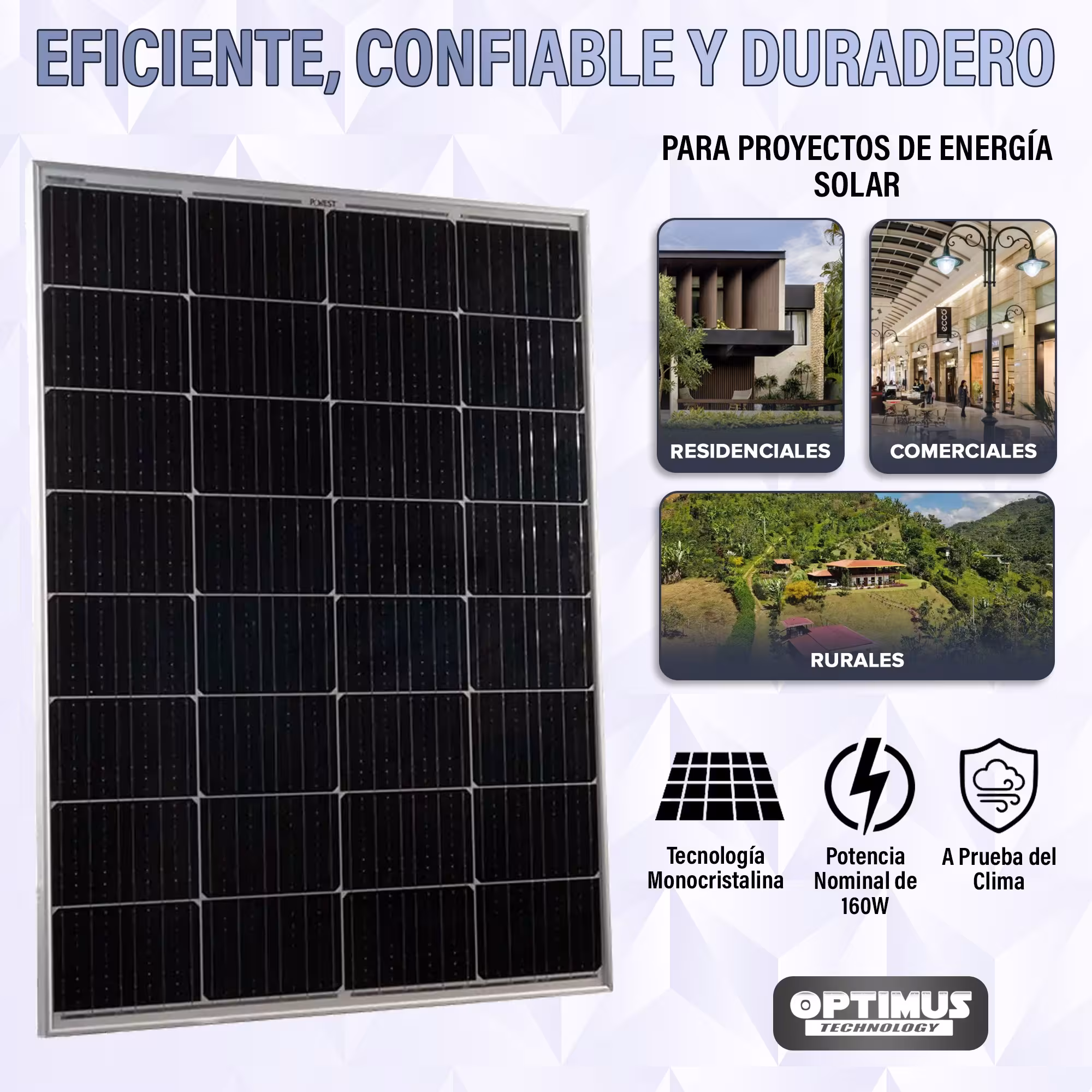 Panel Solar Monocristalino PERC 160W Powest Alta Eficiencia Sistemas Solares Energía Renovable Residencial Rural