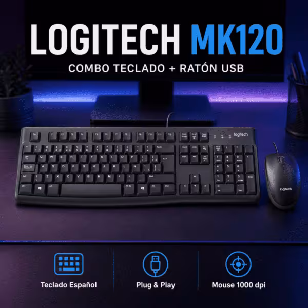 Teclado y ratón Logitech MK120 | Versión Español | USB Cable Teclado / USB Cable Mouse Óptico de 1000 DPI, vista 2