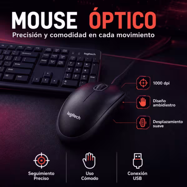 Teclado y ratón Logitech MK120 | Versión Español | USB Cable Teclado / USB Cable Mouse Óptico de 1000 DPI, vista 4